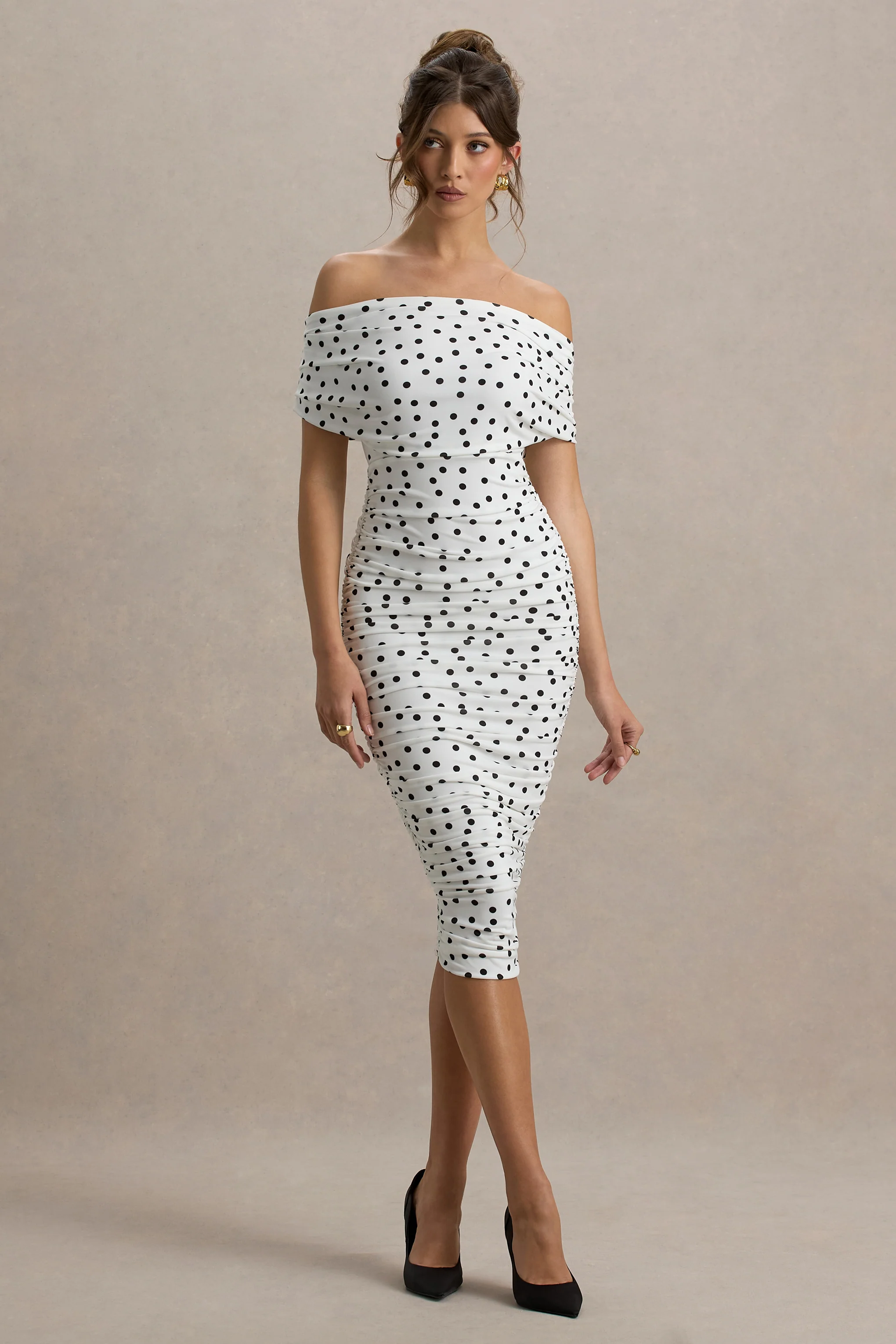 Rayleigh | Polka Dot Bardot Ruched Midi Dress