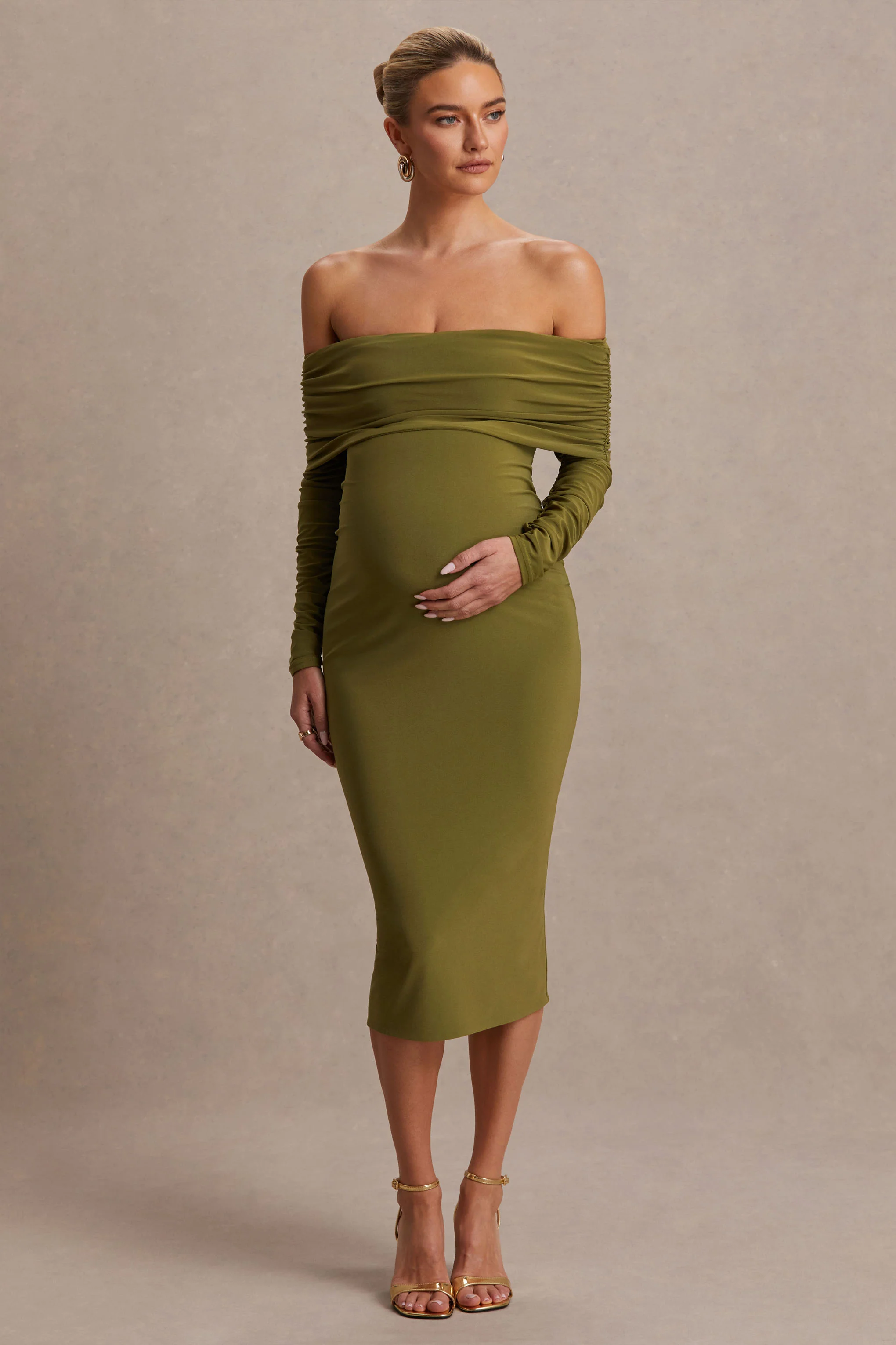Elspeth | Olive Bardot-Neck Maternity Midi Dress