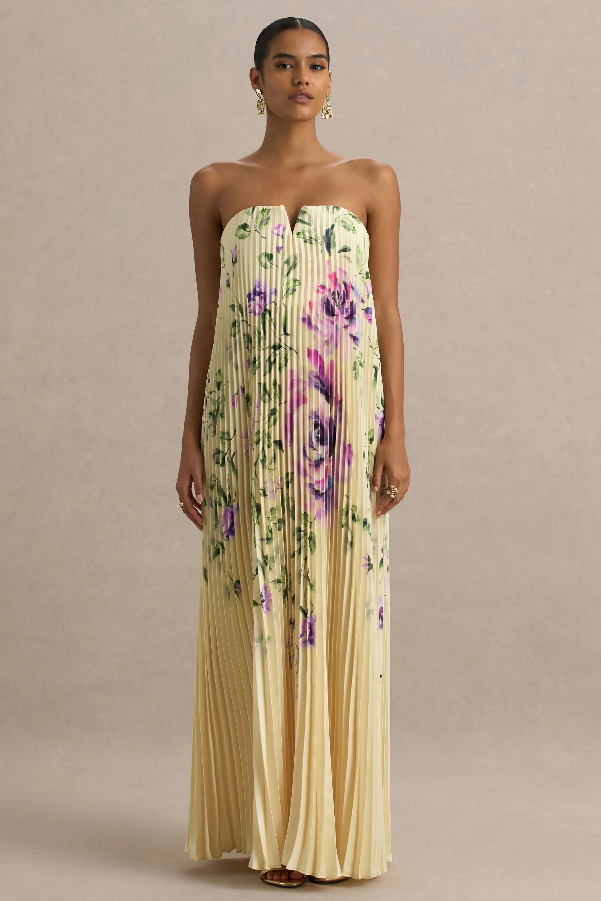 Bergamot | Lemon Rose Print Satin Sweetheart Maxi Dress