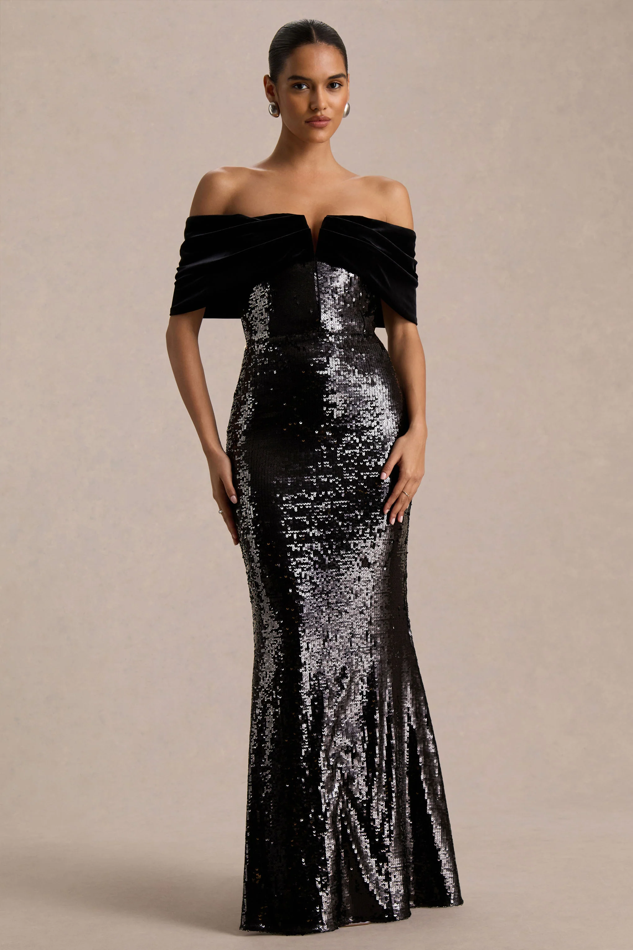 Bex | Black Sequin Bardot-Neck Maxi Dress