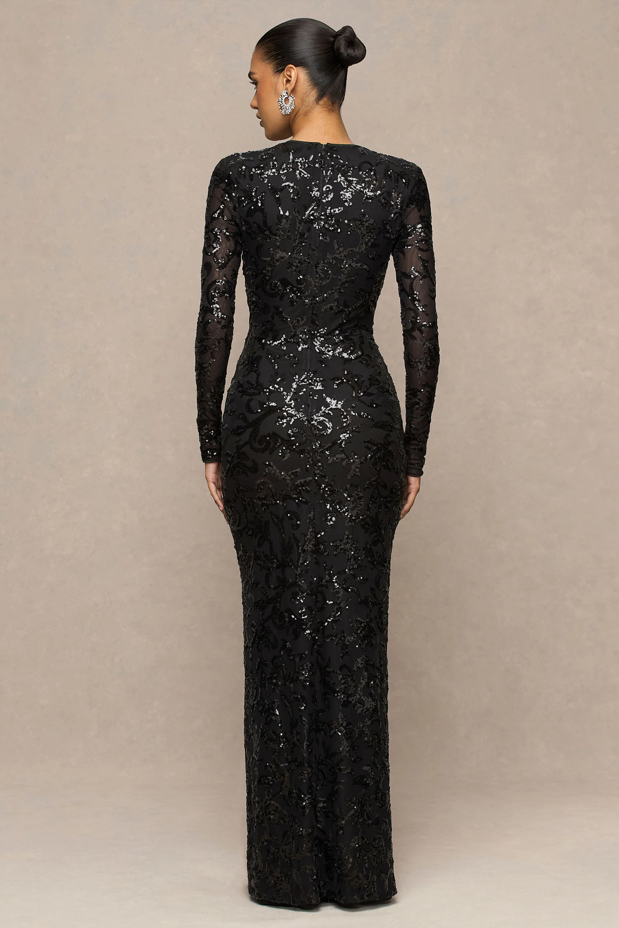 Stellar | Black Embellished Lace High-Neck Maxi Dress With Long Sleeves