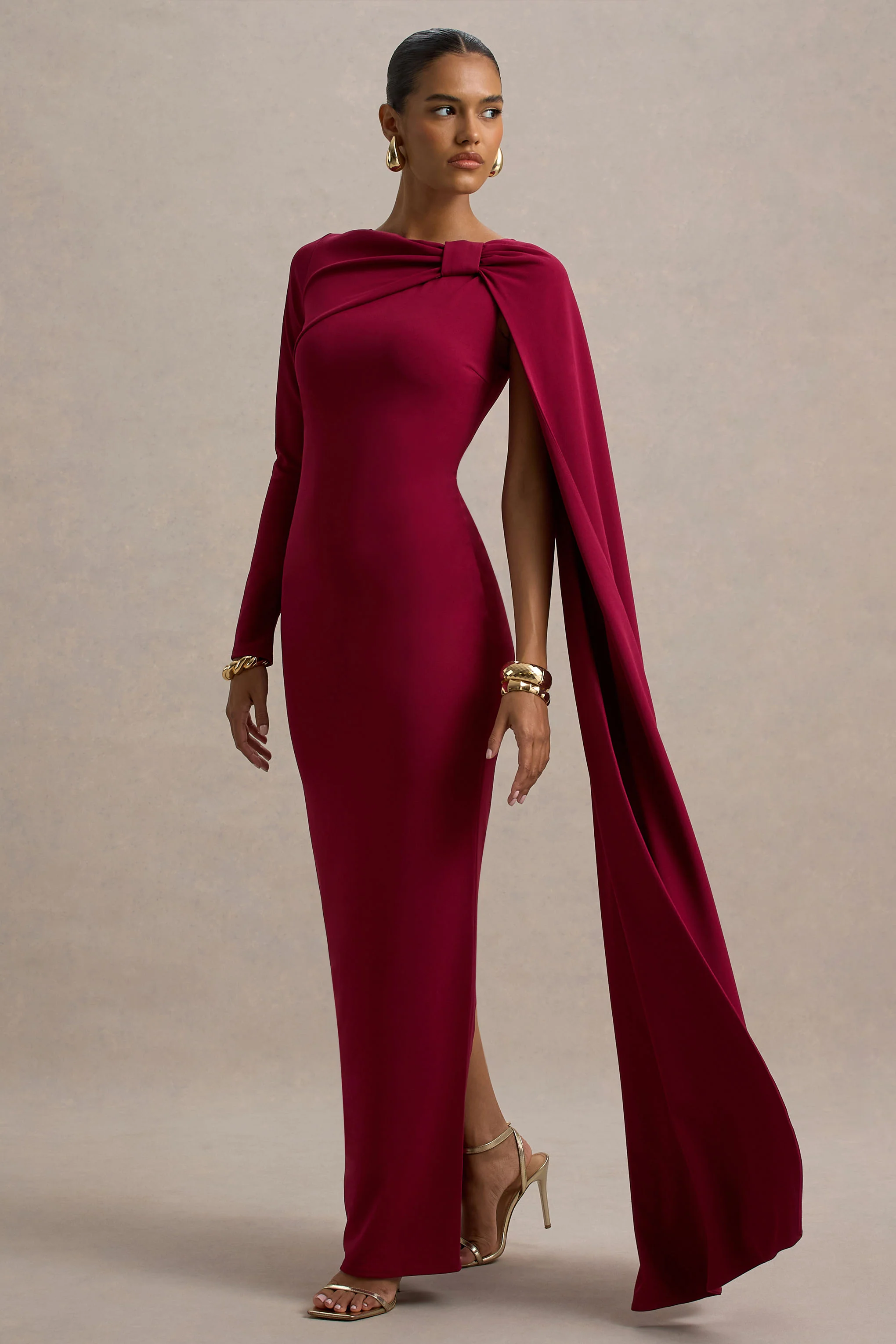 Frances | Burgundy High-Neck Maxi Dress With Cape Detail