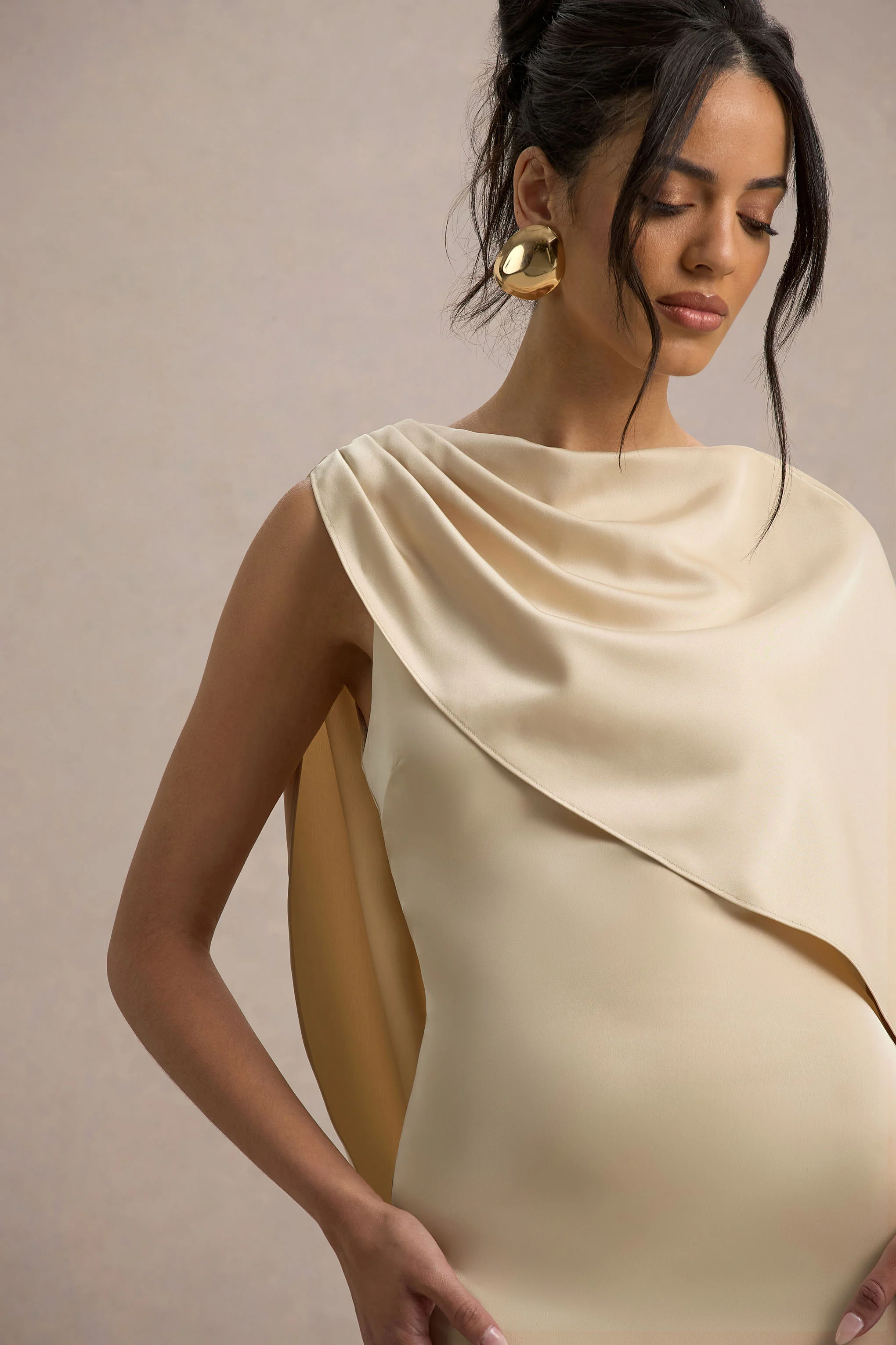 Ambra | Champagne Satin One-Shoulder Cape Maxi Dress