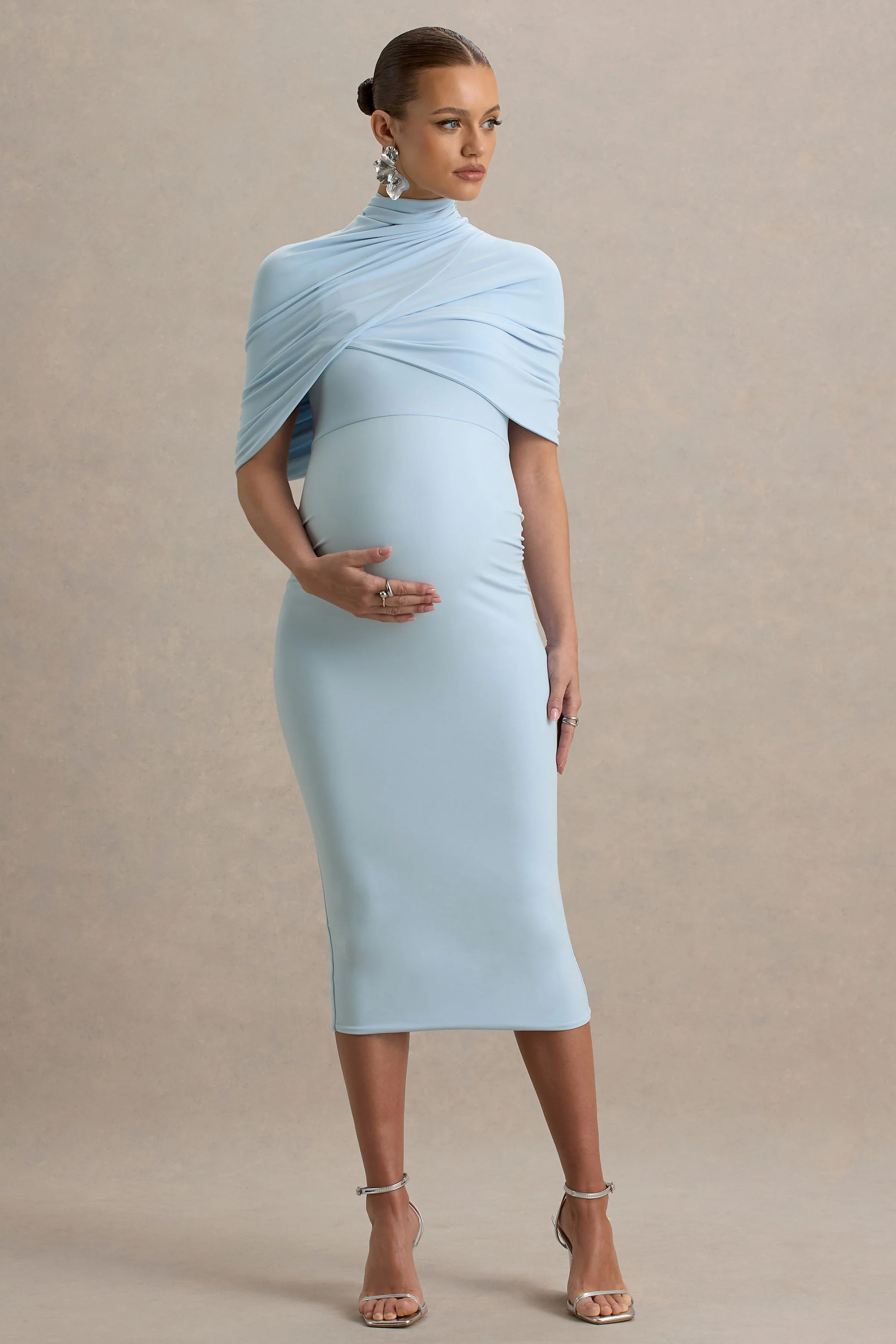 Augustina | Powder Blue Maternity Midi Dress With Cape