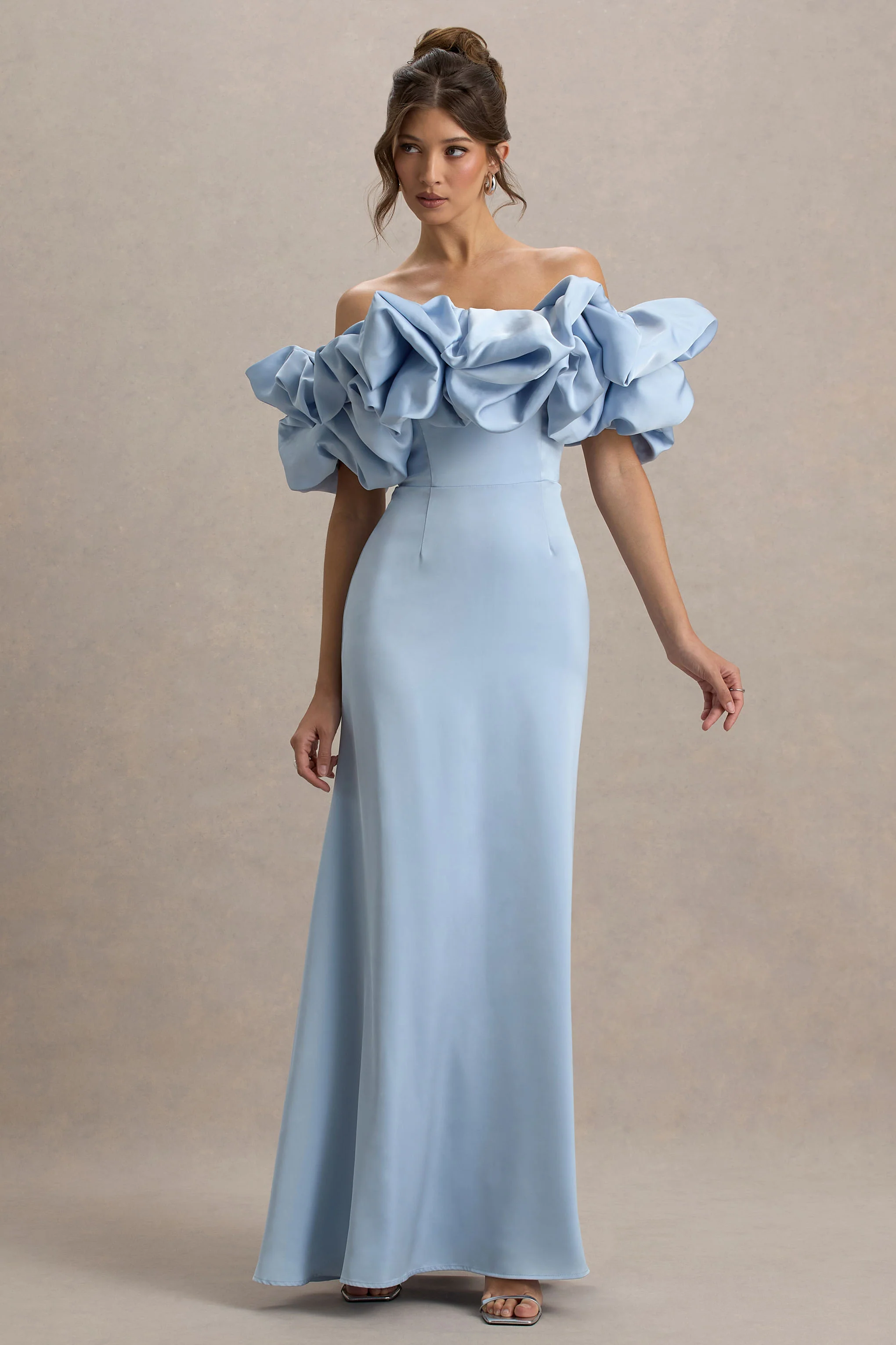 Allie | Powder Blue Puff Bardot Maxi Dress