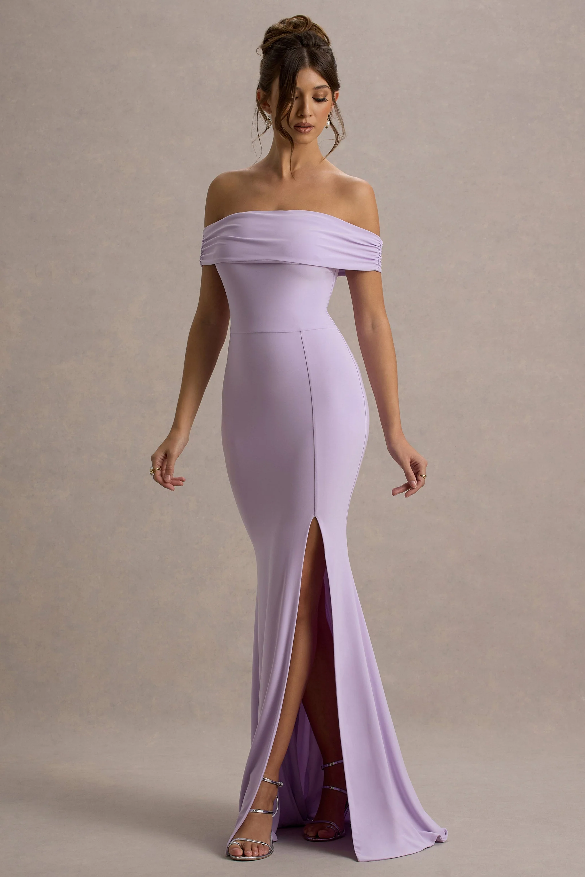 Law of Attraction | Lilac Bardot Draped Split Maxi Dress