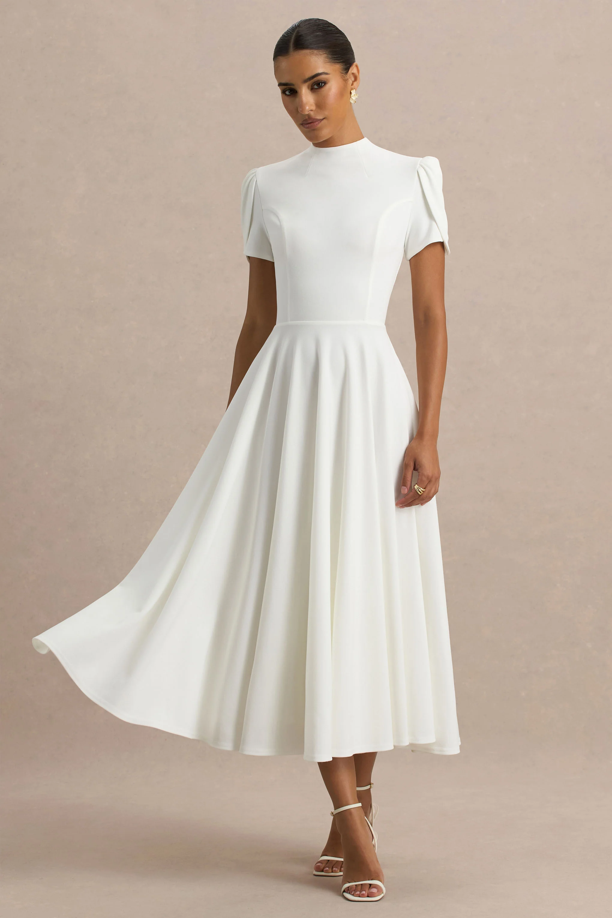 Vicky | White High Neck Midi Dress With Puff Sleeves