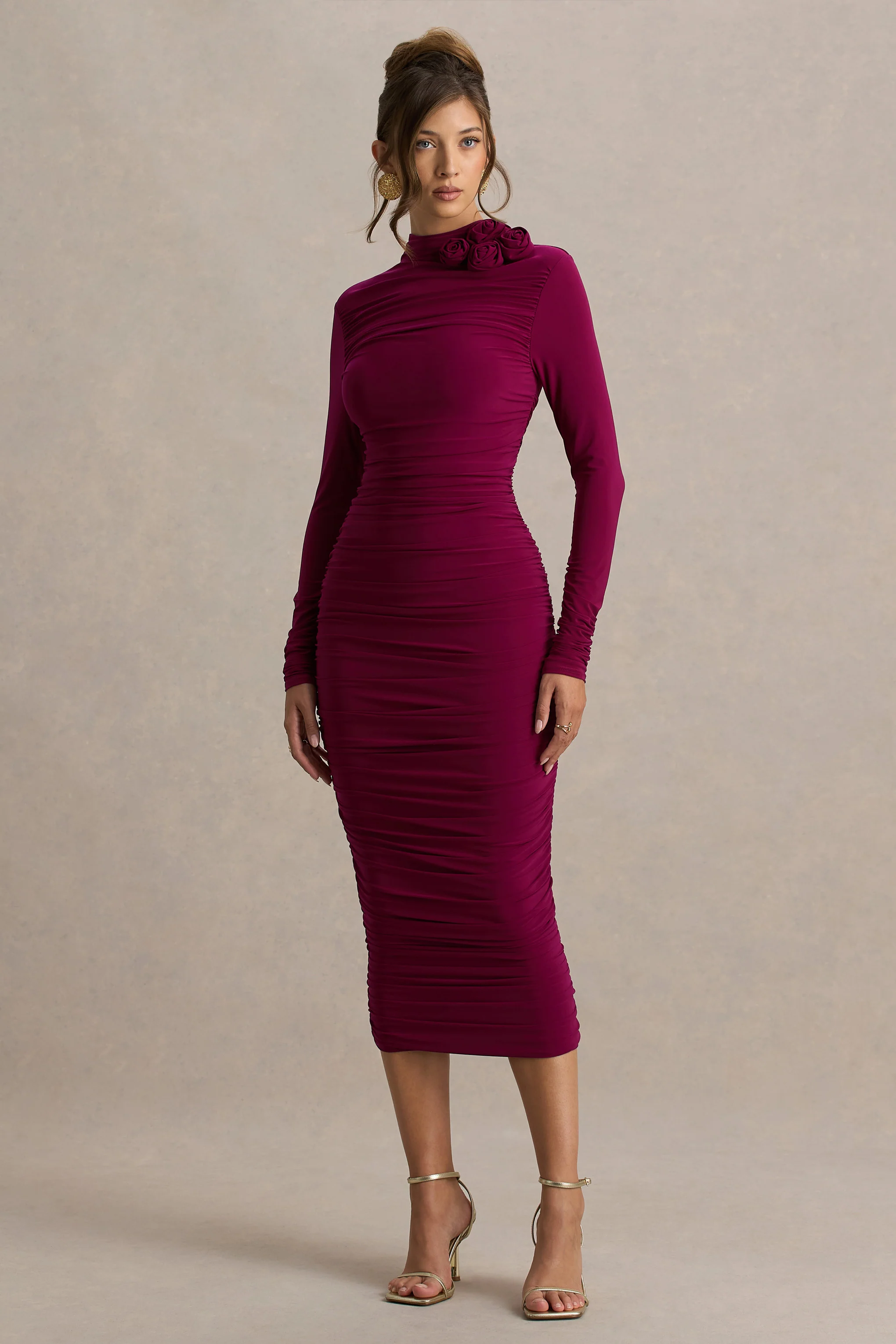 Tamara | Burgundy Long-Sleeve Ruched Midi Dress
