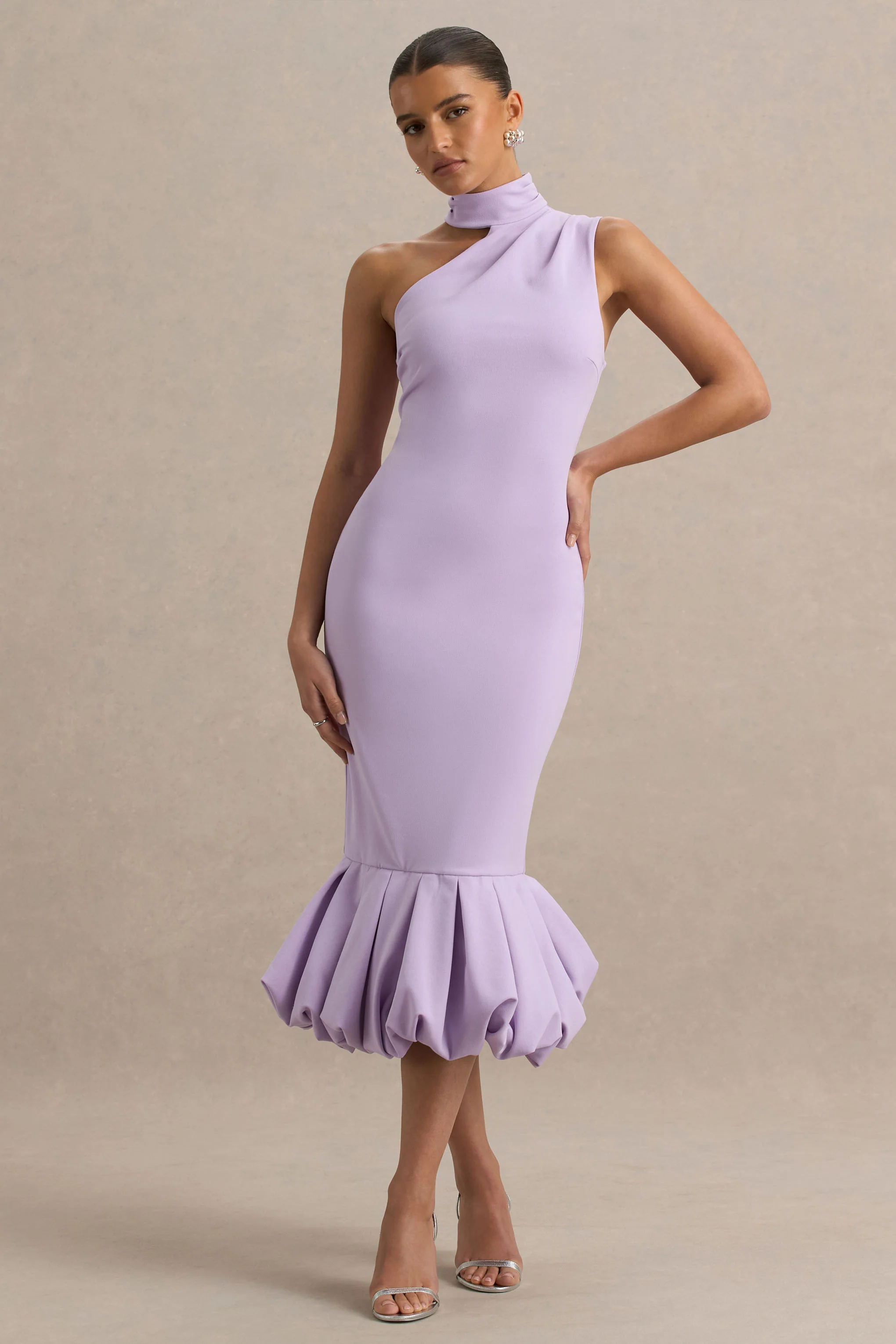 Sabine | Lilac One-Shoulder Ruffle-Trim Midi Dress