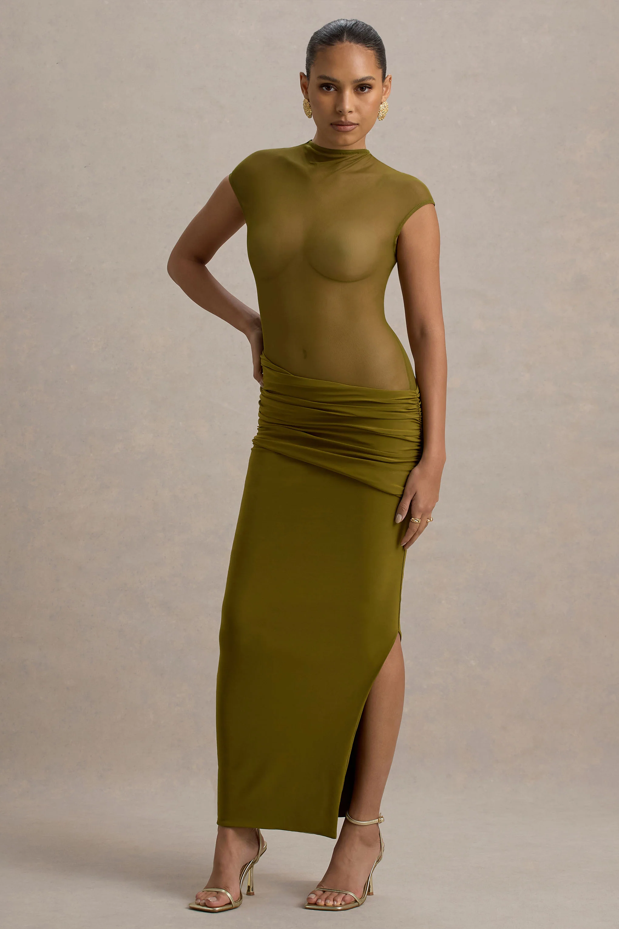 Asia | Green Sheer Short-Sleeve Draped Maxi Dress