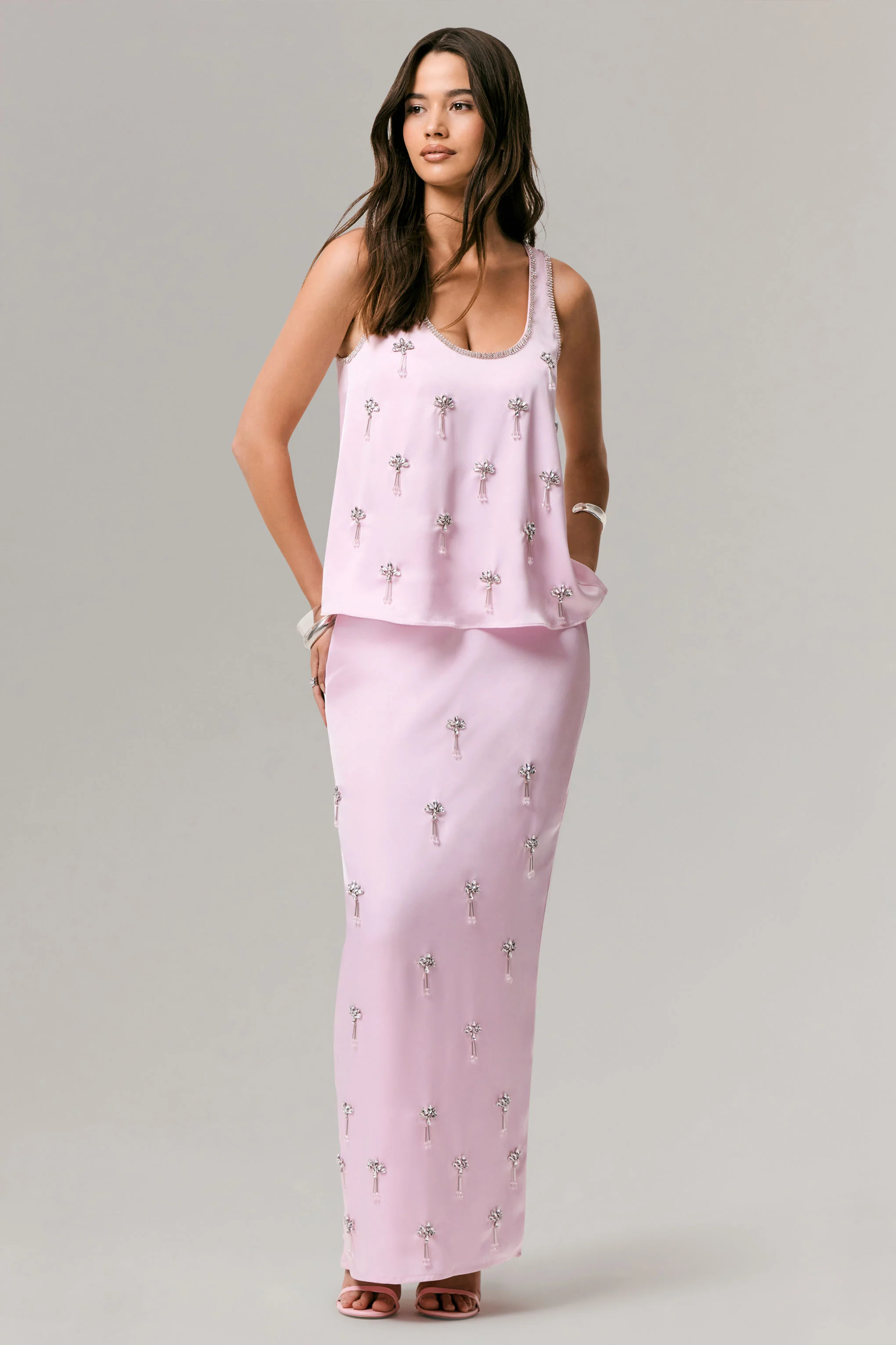 Lena | Pink Satin Embellished Maxi Skirt
