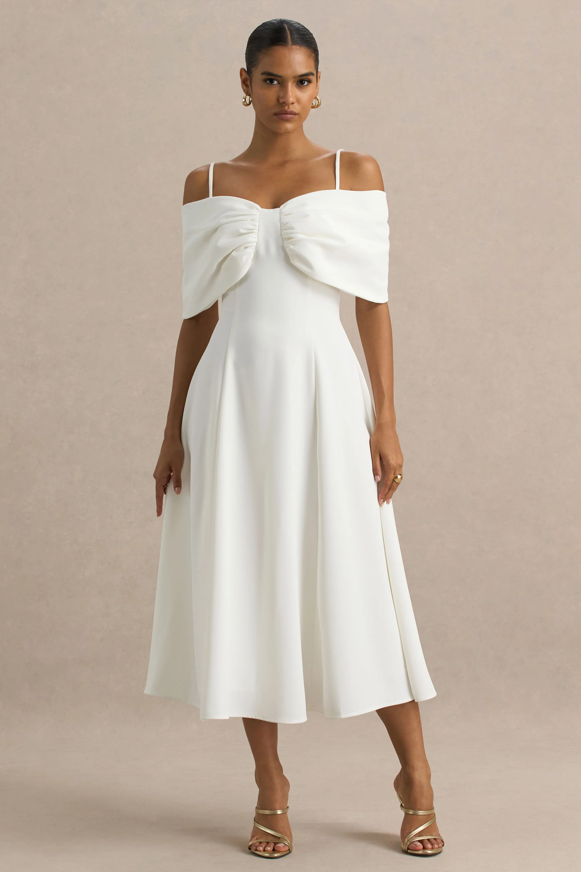 Hettie | White Short-Sleeve Bardot Midi Dress With Bow Detail