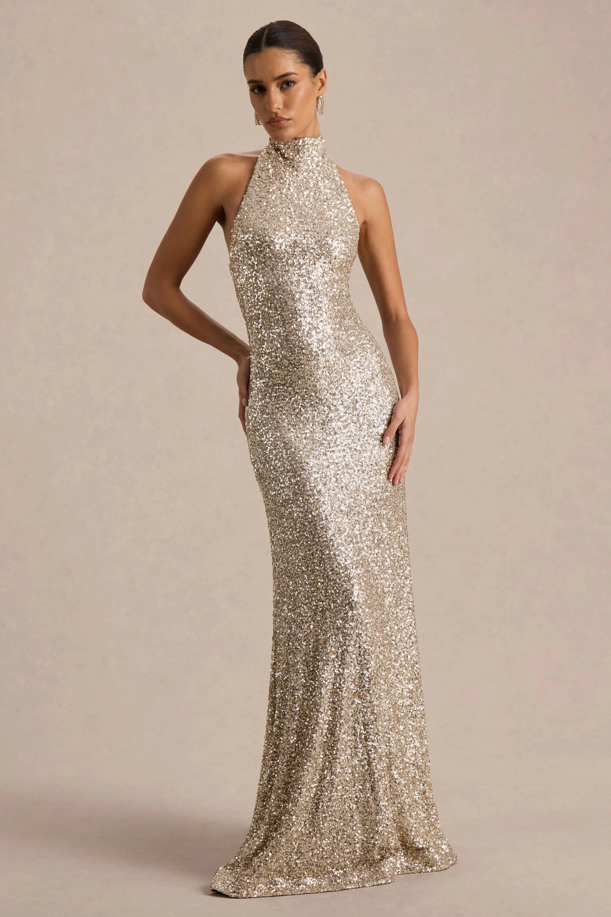 Tulia | Champagne Sequin High-Neck Maxi Dress