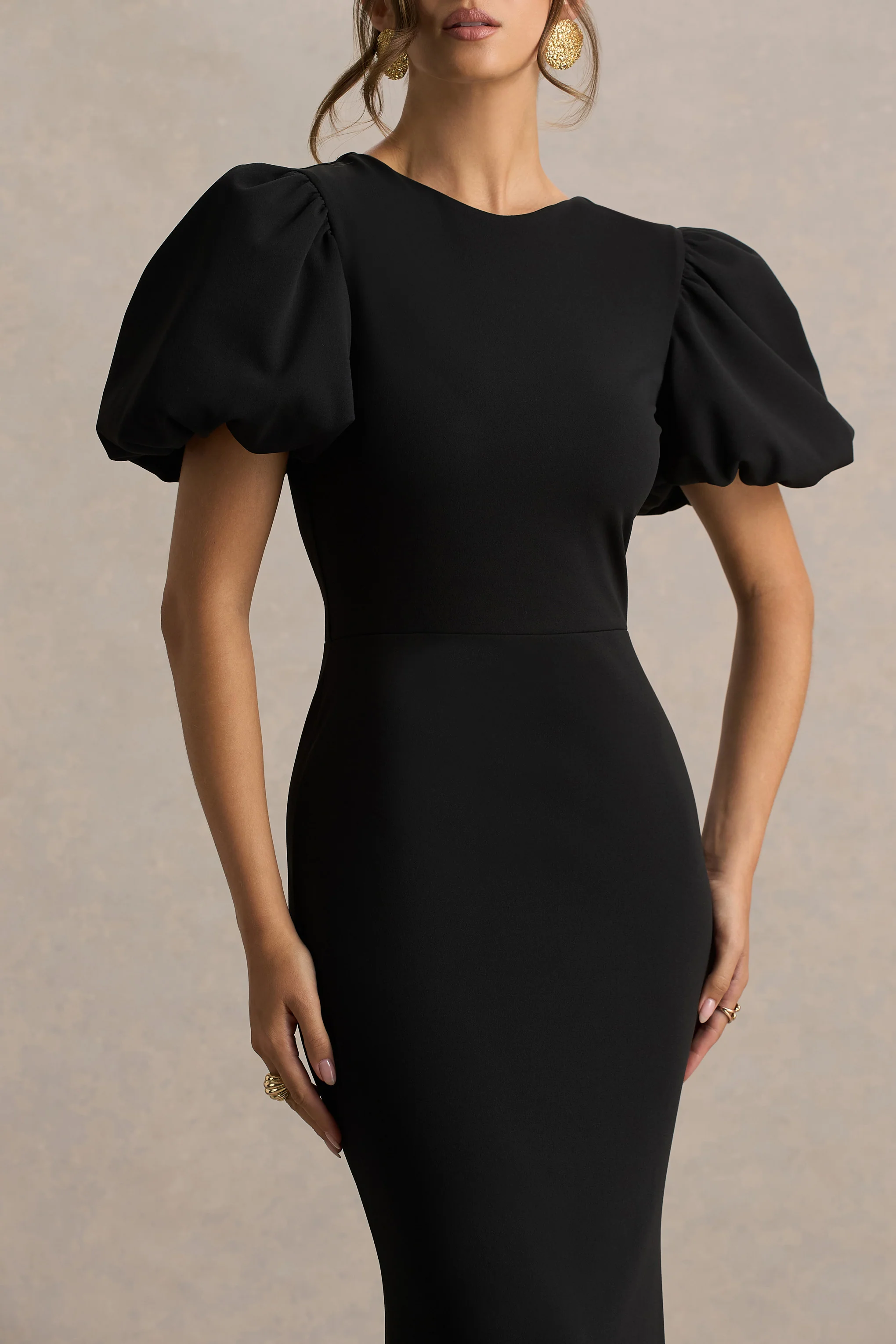 Carolina | Black Puff-Sleeve Maxi Dress With White Bow Detail