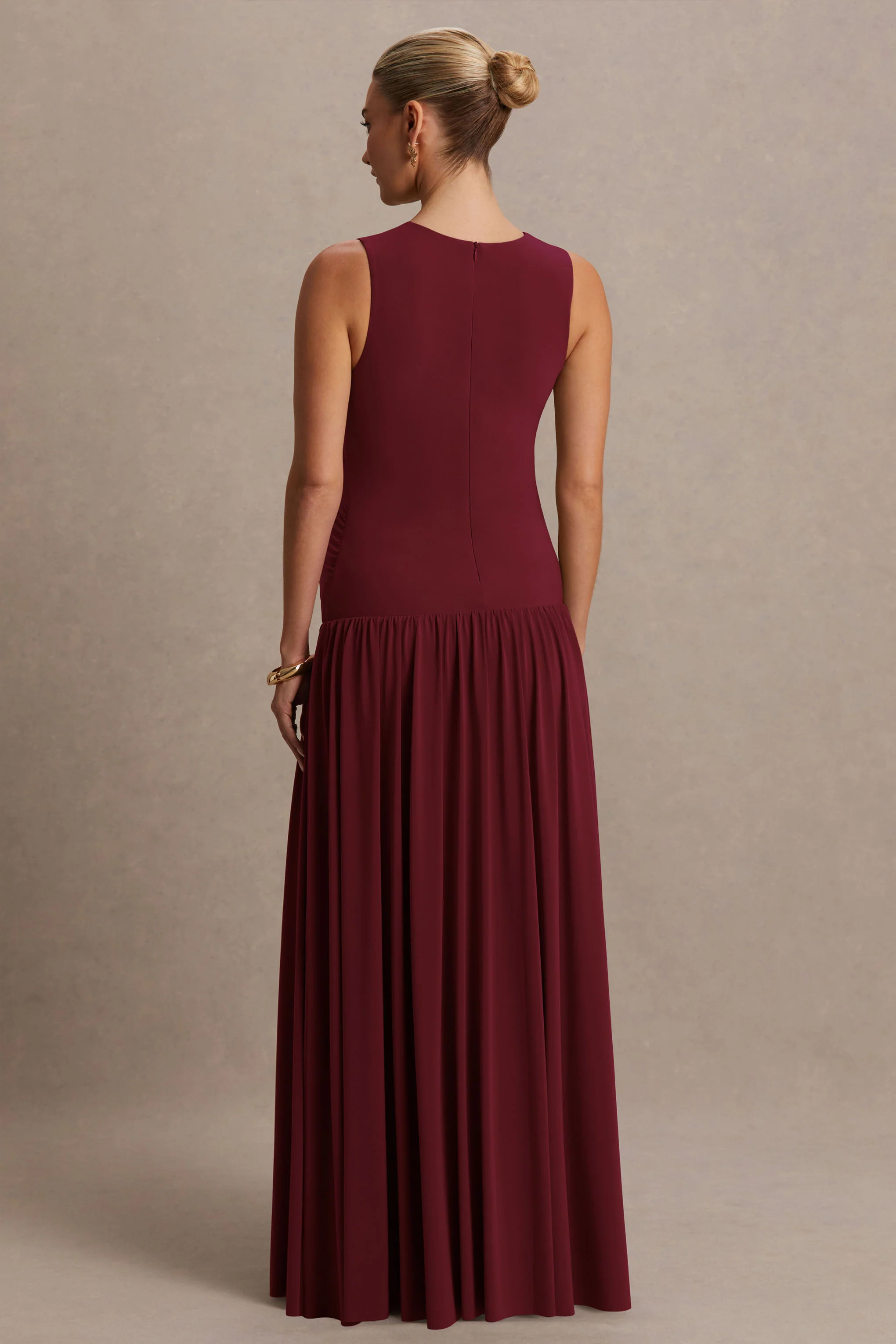 Outline | Burgundy High-Neck Maternity Maxi Dress With Draped Skirt