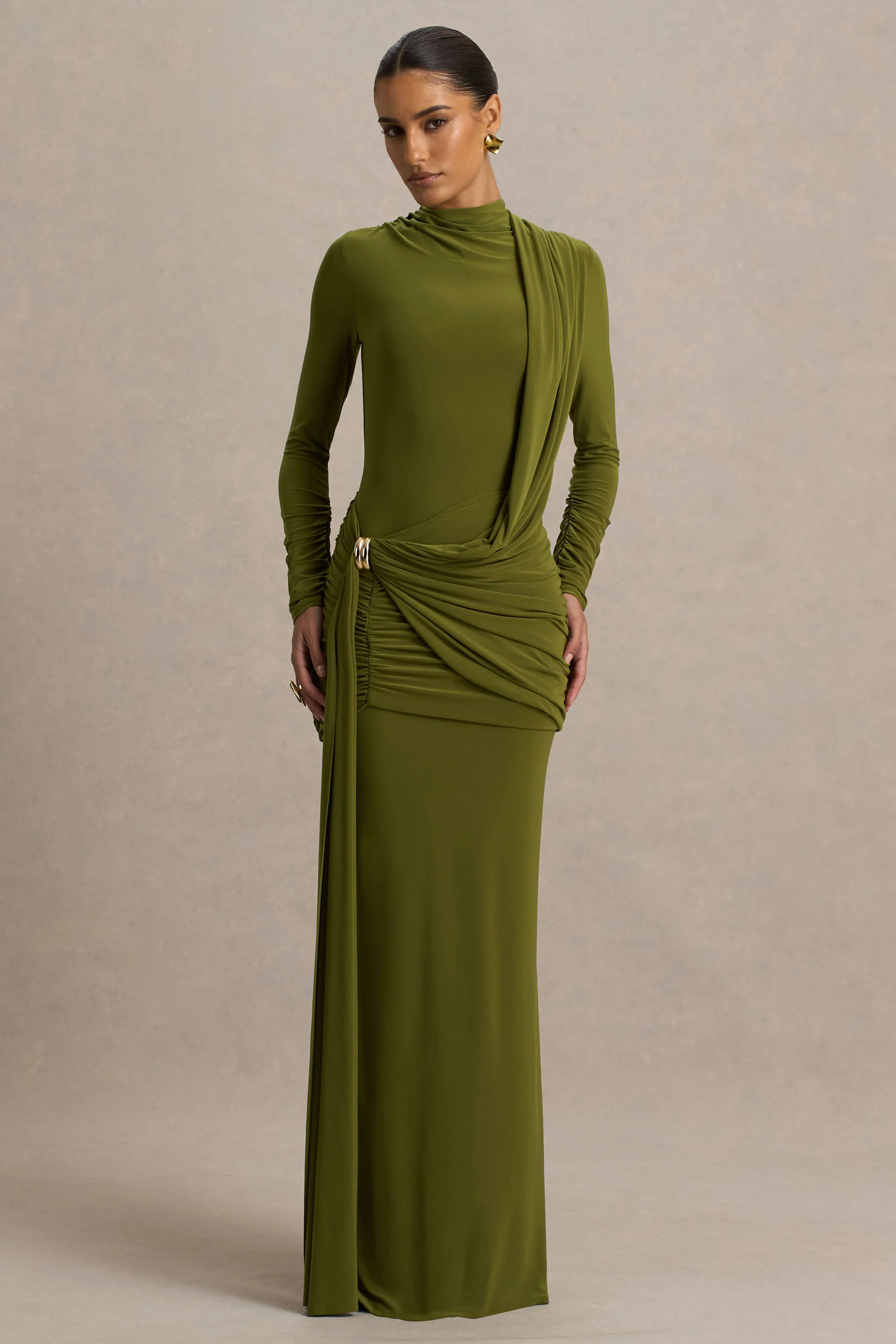 Melissa | Olive Long-Sleeve Wrap Maxi Dress With Ruched Detailing