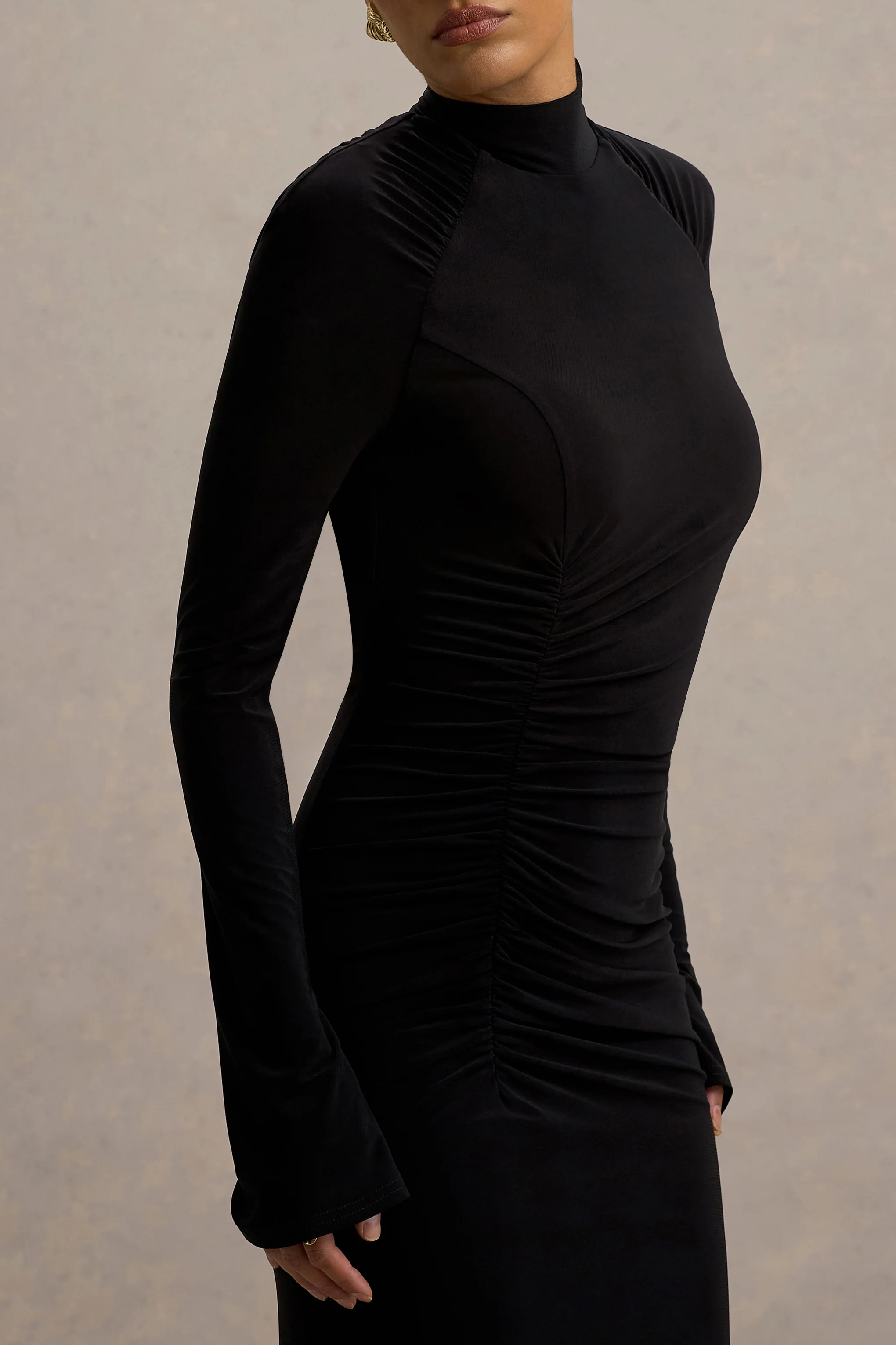 Cassandra | Black High-Neck Long-Sleeve Midi Dress