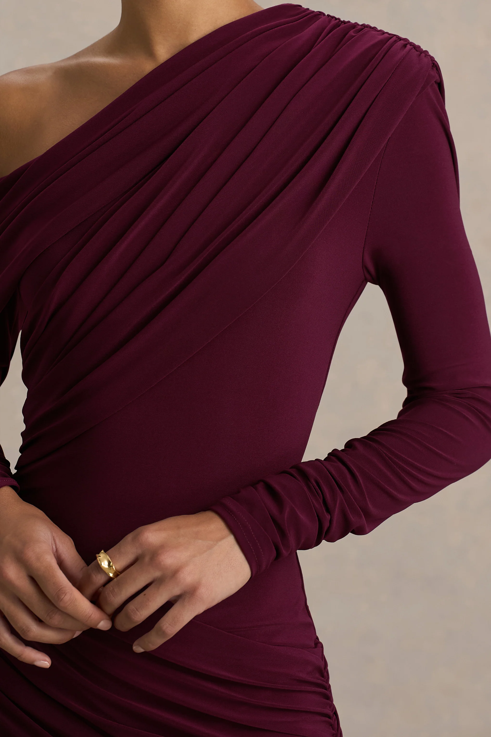 Perrie | Burgundy Asymmetric-Neck Maxi Dress With Ruched Detailing