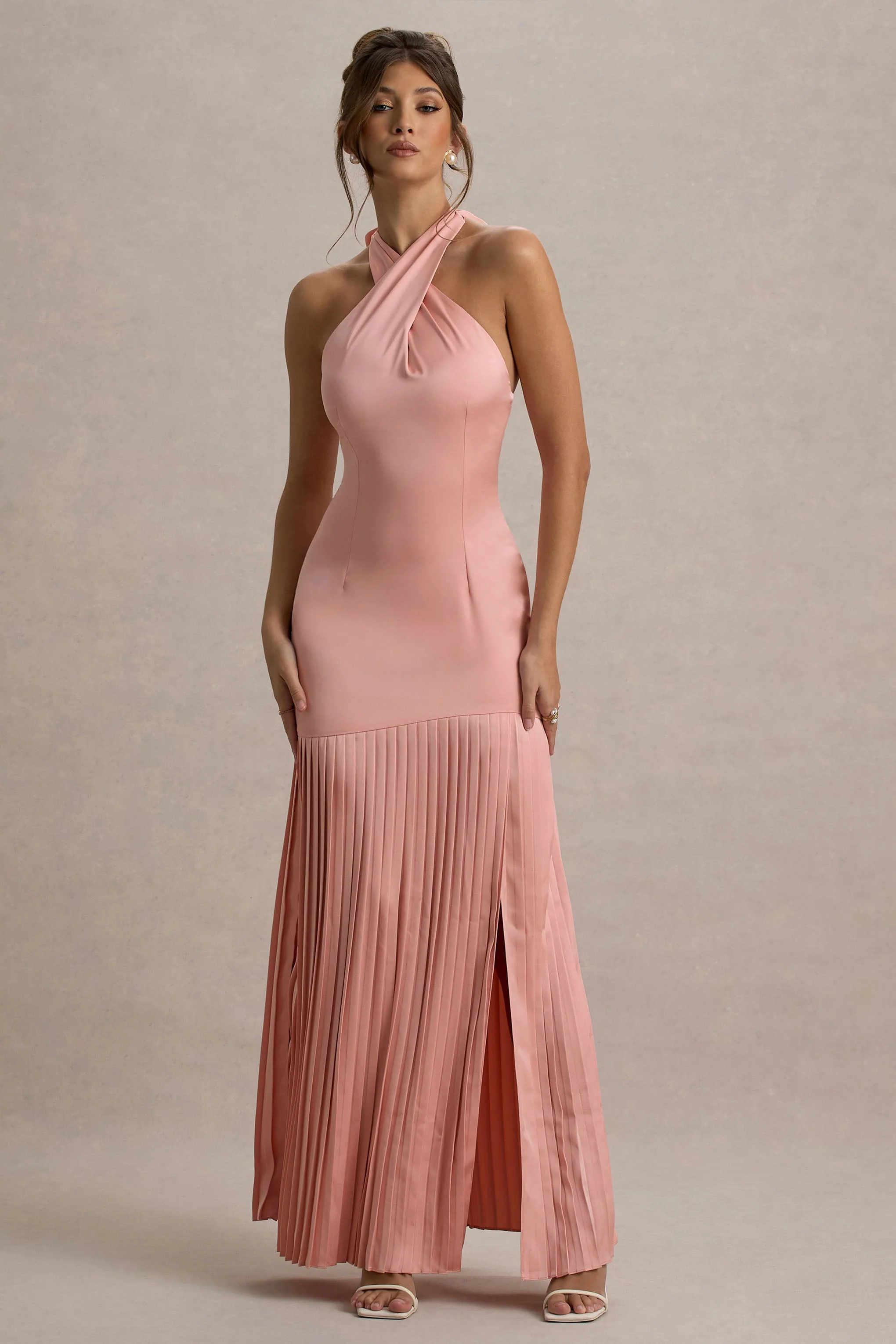 Sansa | Light Pink Satin Cross Halter-Neck Plisse Maxi Dress