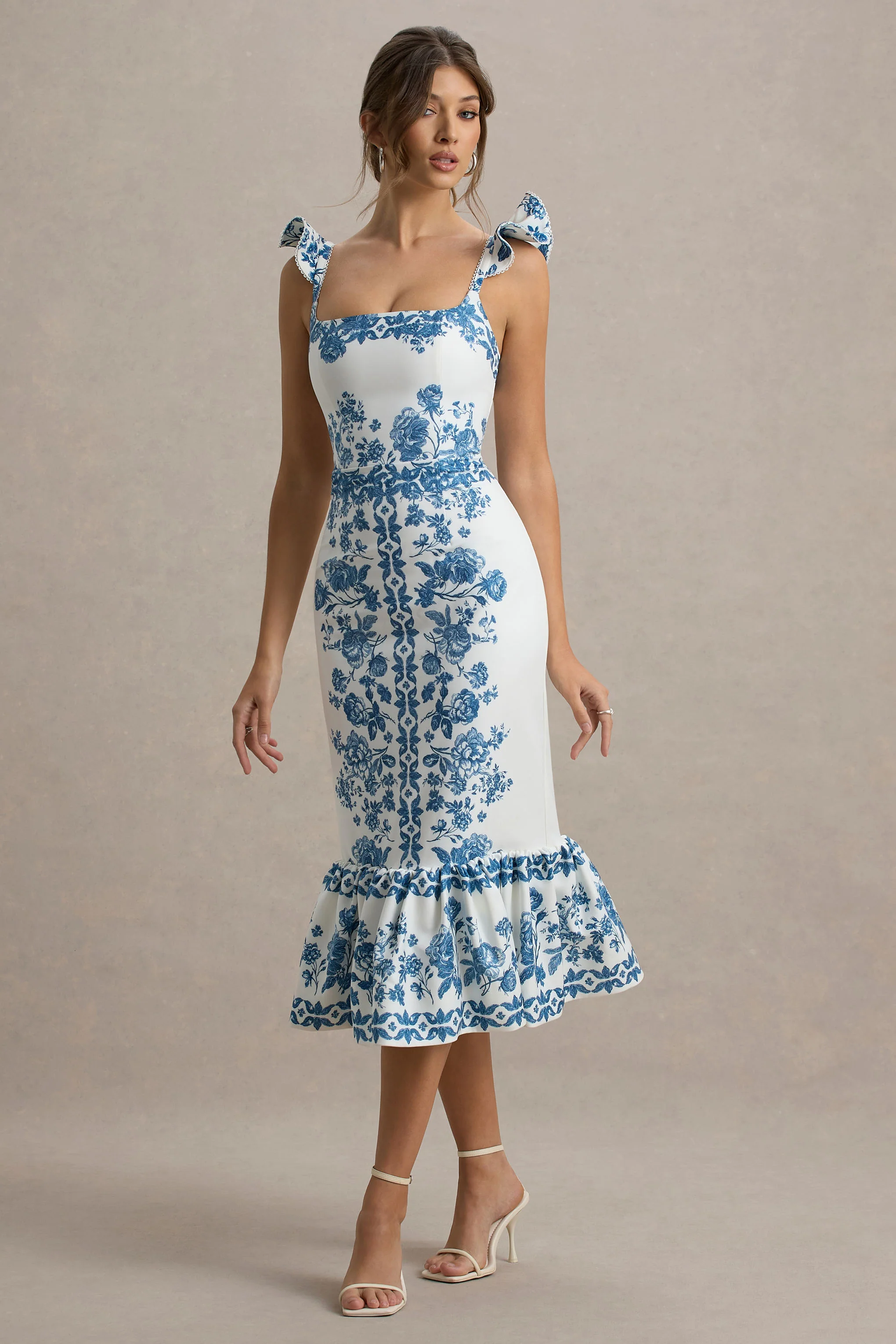 Sarey | Blue Porcelain Print Ruffle Midi Dress