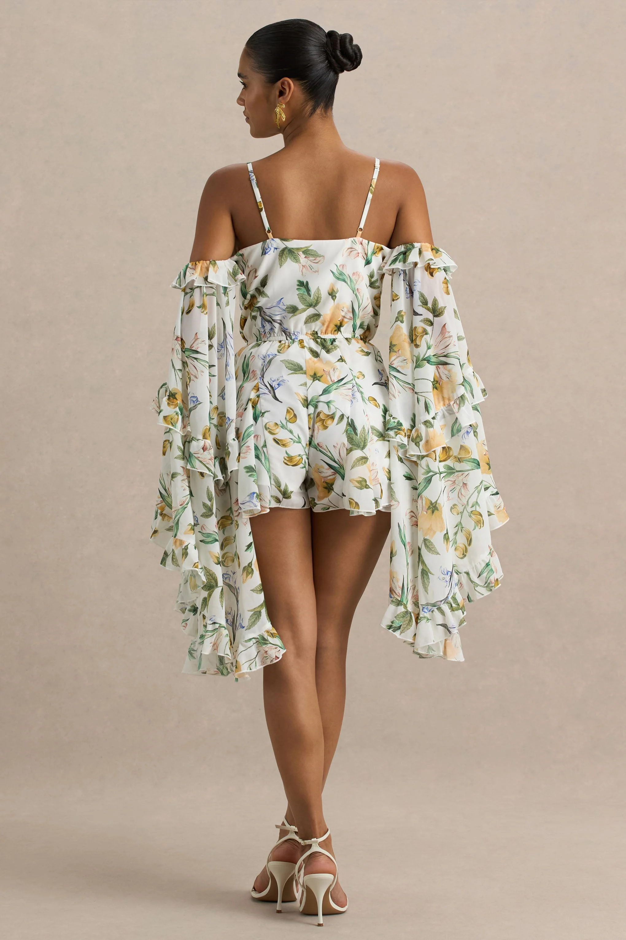 Anaya | White Botanical Print Chiffon Playsuit With Long Sleeves