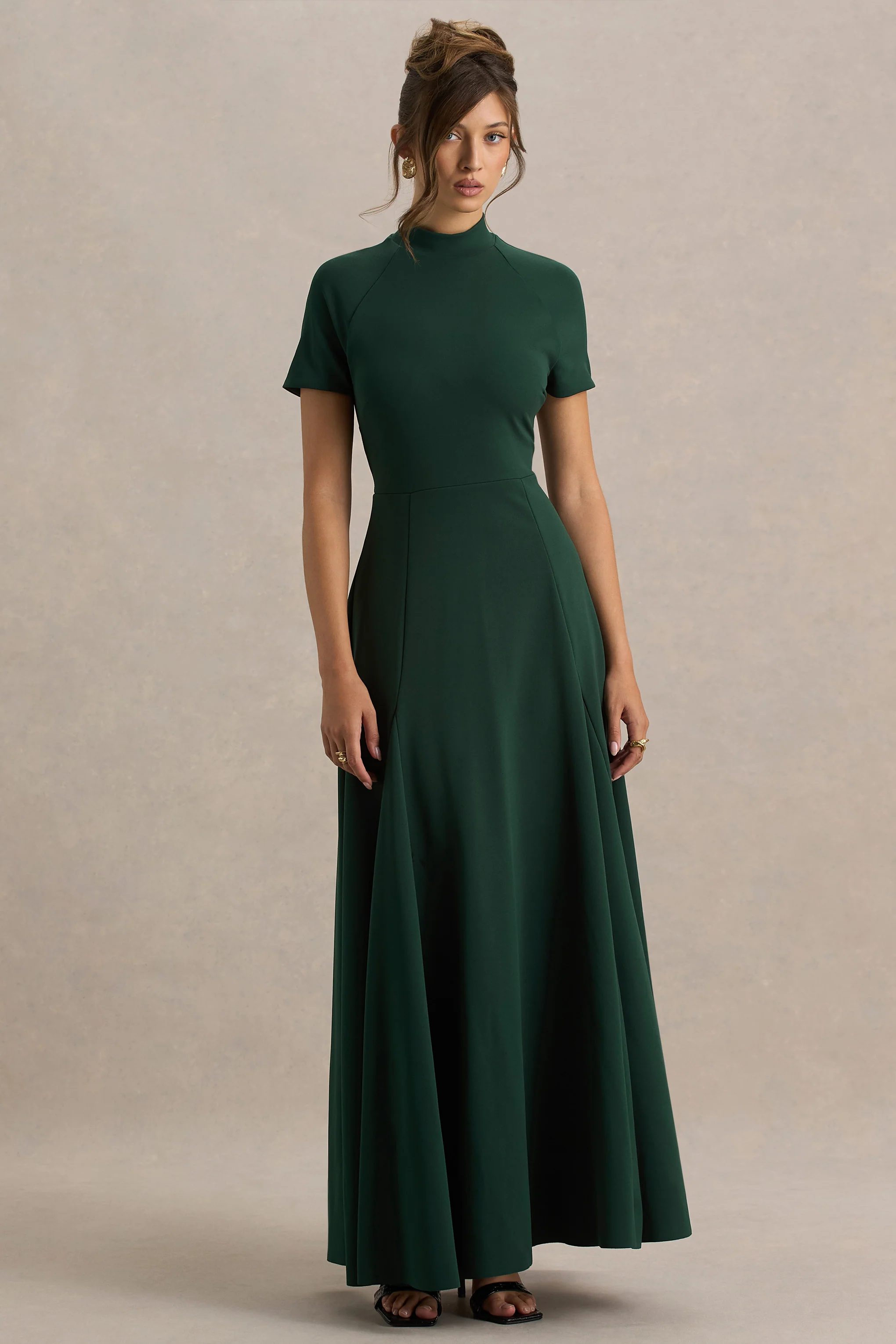 Alea | Dark Green High-Neck Short-Sleeve Maxi Dress