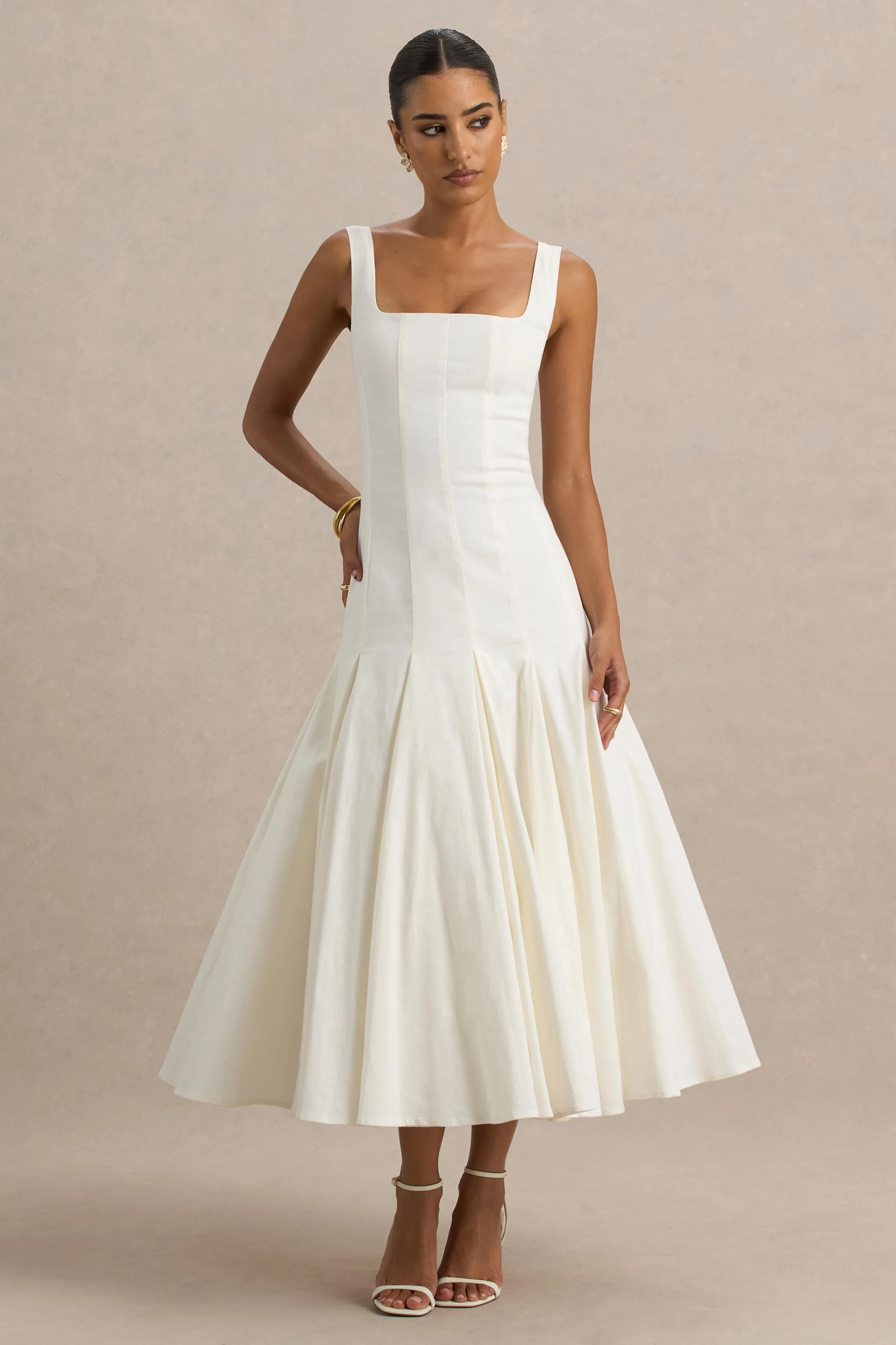 Magnolia | White Scoop-Neck Midi Dress With Drop-Waist And Ruffling Detail