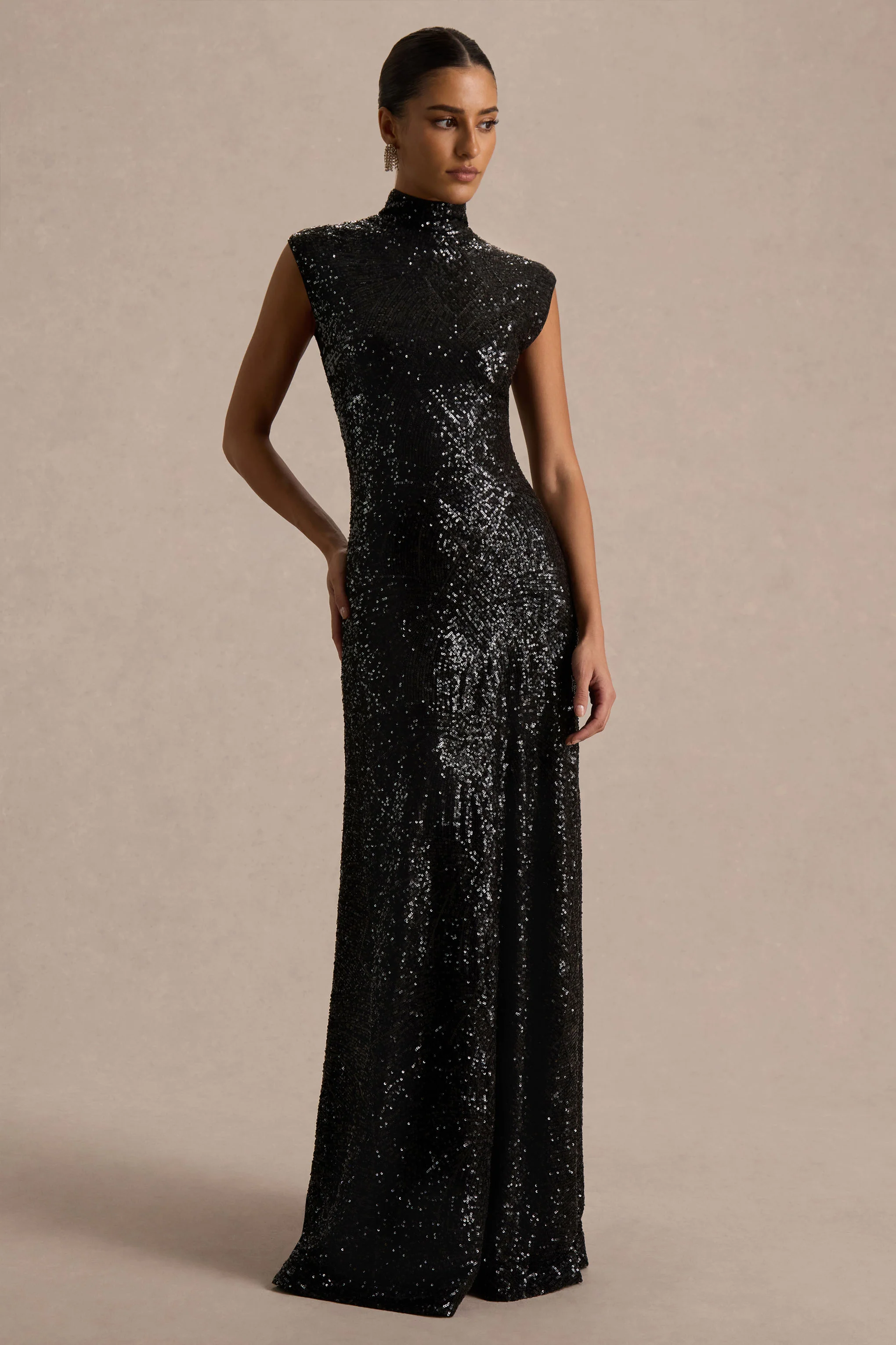 Cecy | Black Sequin High-Neck Maxi Dress With Cap Sleeves