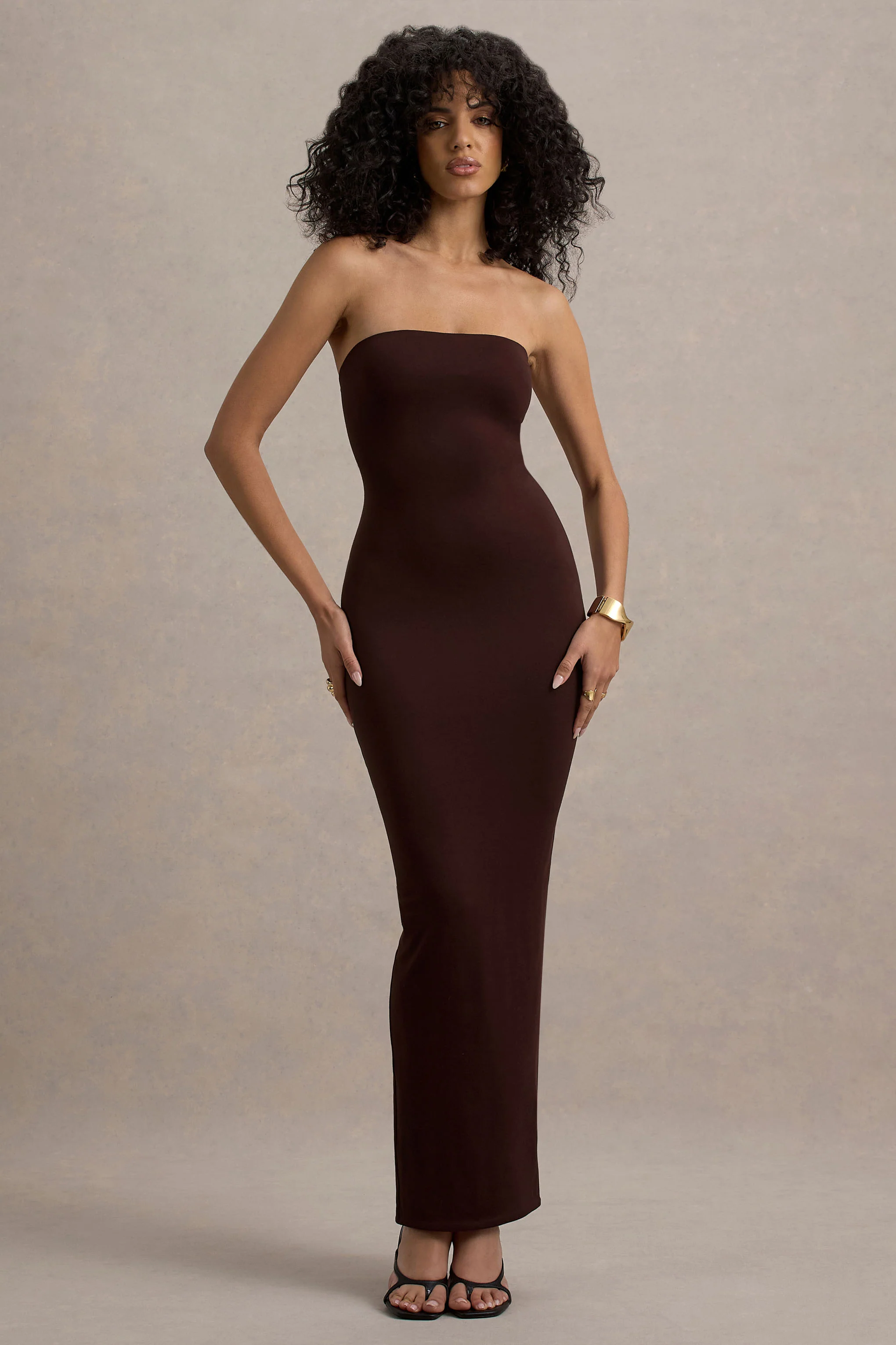 Angelie | Brown Bandeau Bodycon Maxi Dress