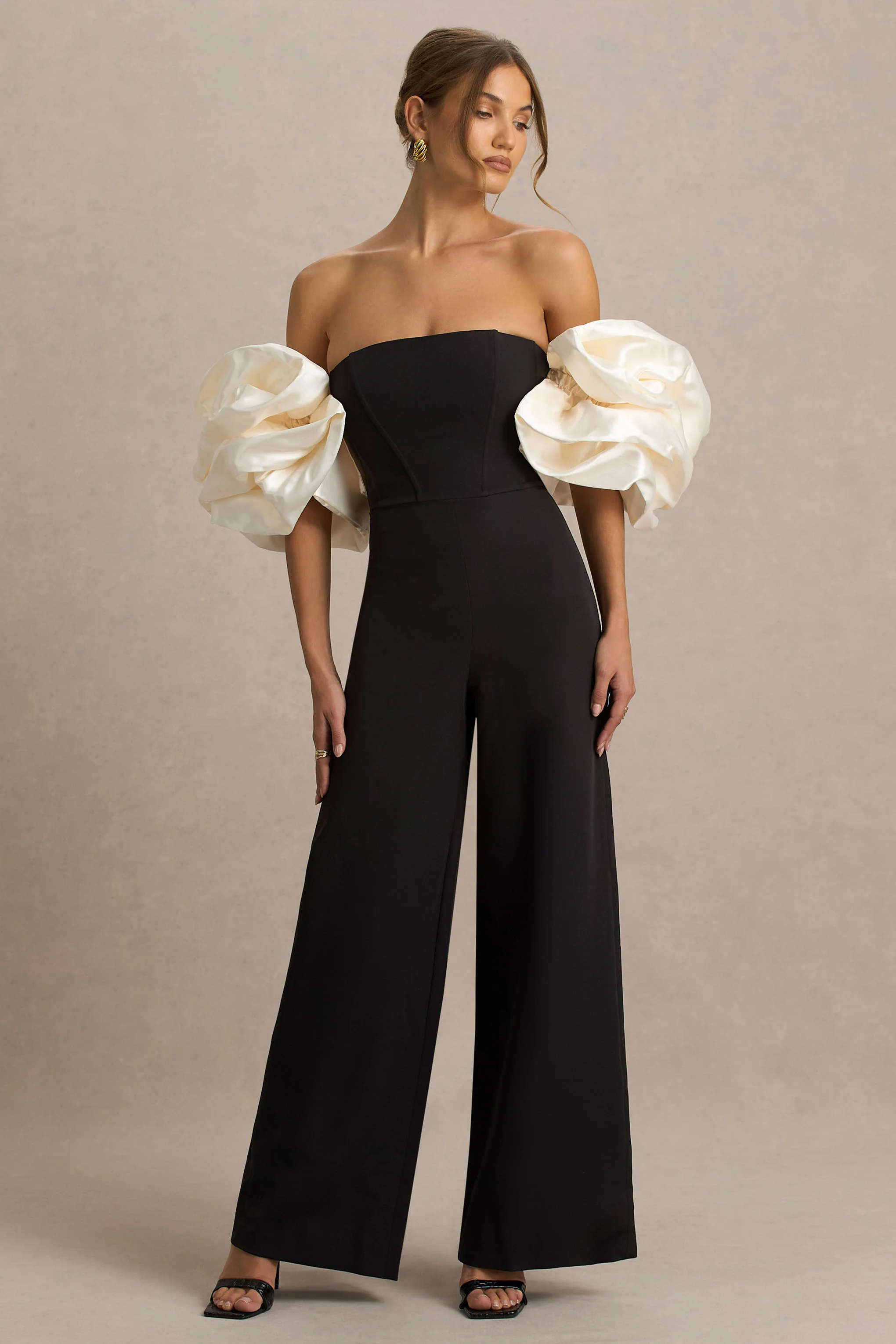 Panama | Black Bardot Jumpsuit With Cream Puff Sleeves