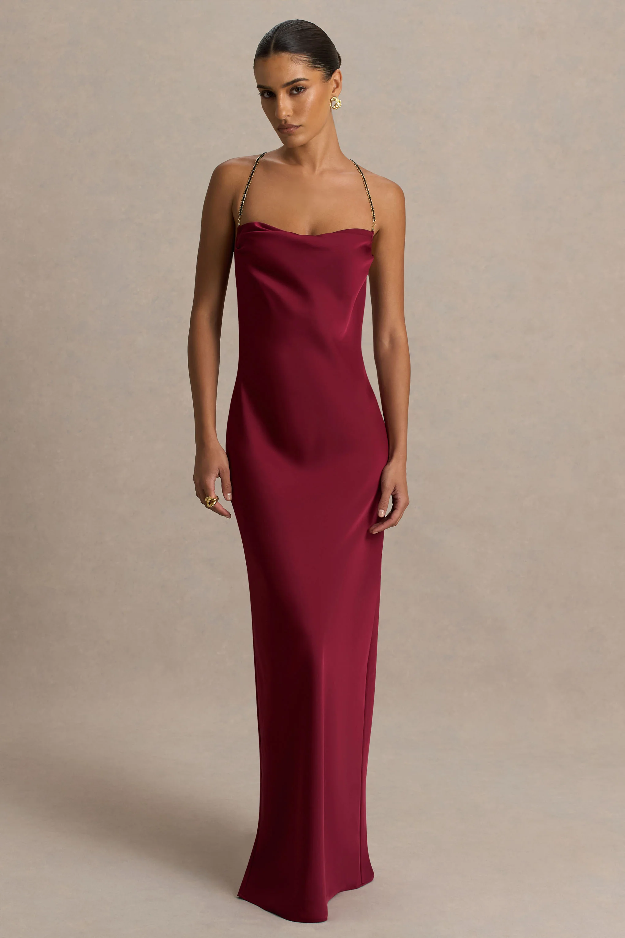 Cher | Burgundy Satin Square-Neck Maxi Dress With Embellished-Detailed Open-Back