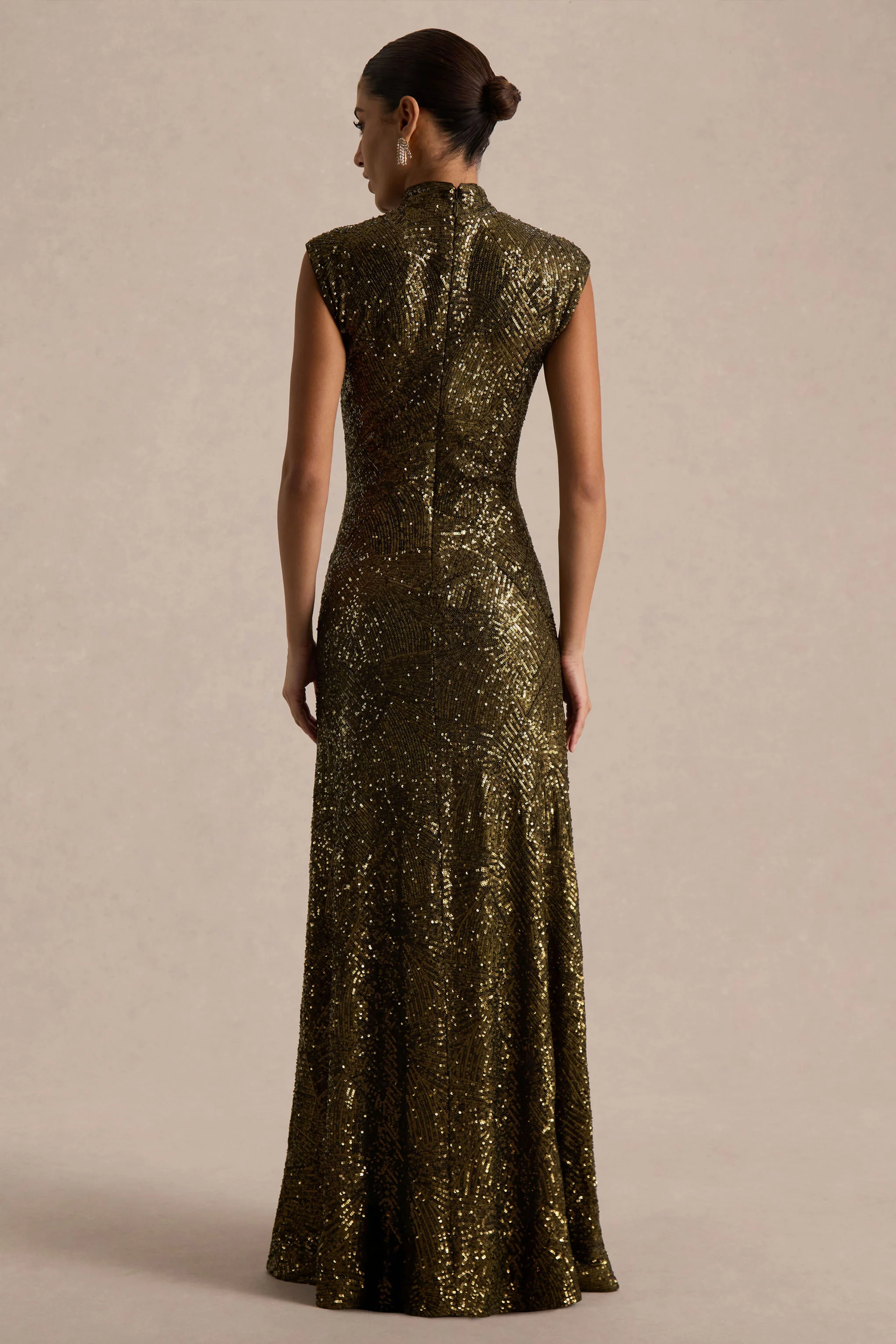 Cecy | Khaki Sequin High-Neck Maxi Dress With Cap Sleeves