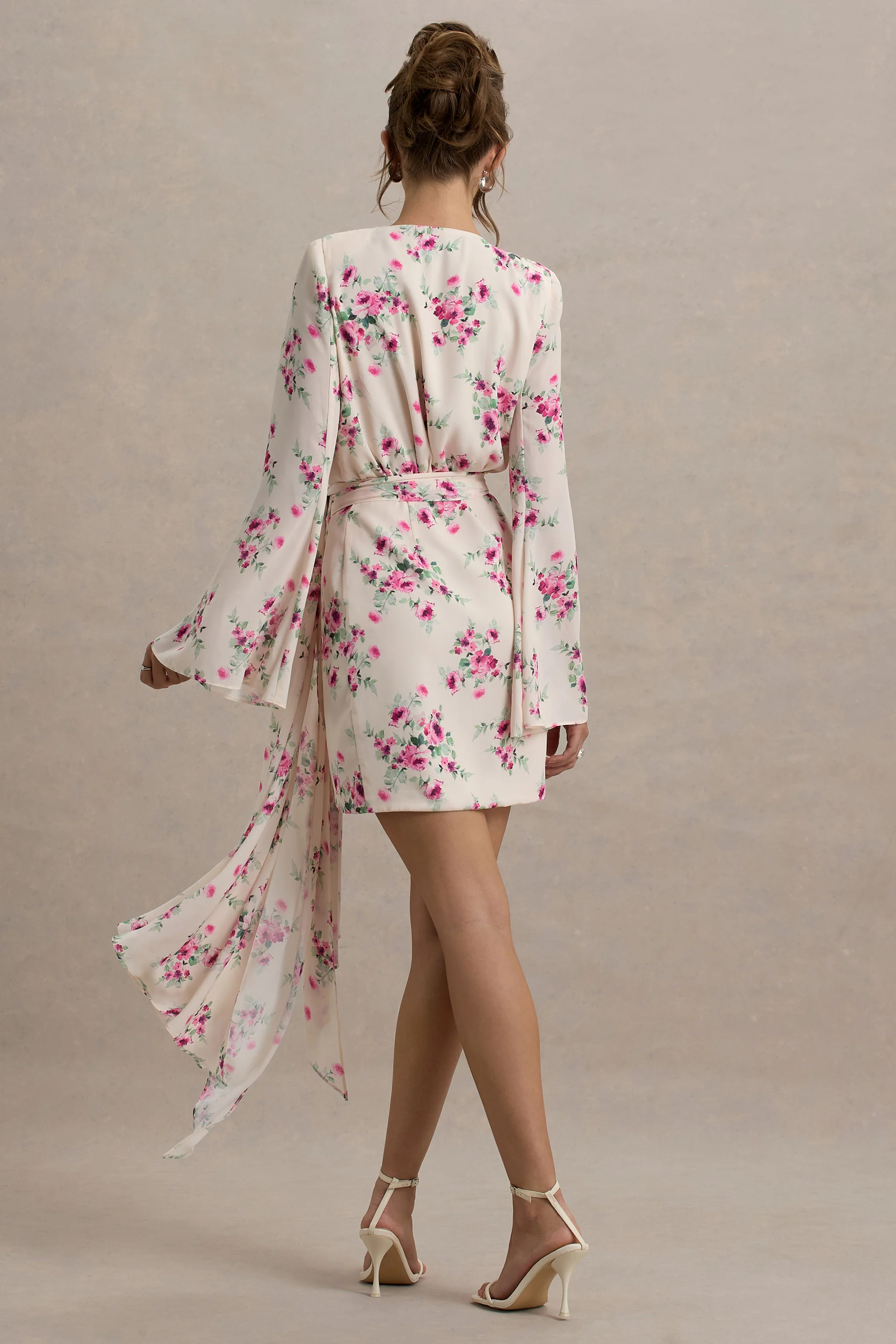 Goldie | Cream Floral Print Chiffon Long-Sleeve Wrap Mini Dress