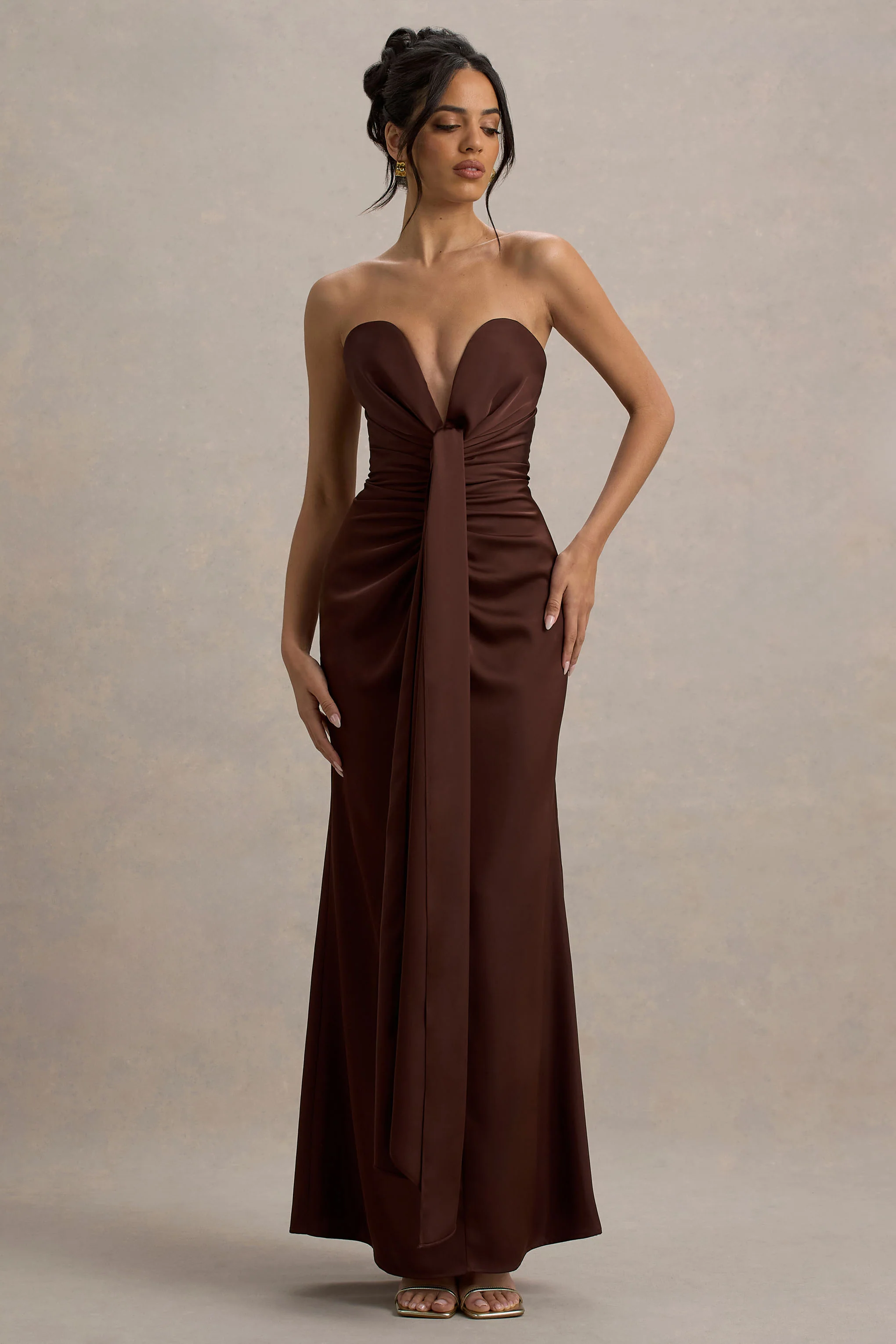 Mackenzie | Brown Satin Plunge-Neck Draped Maxi Dress