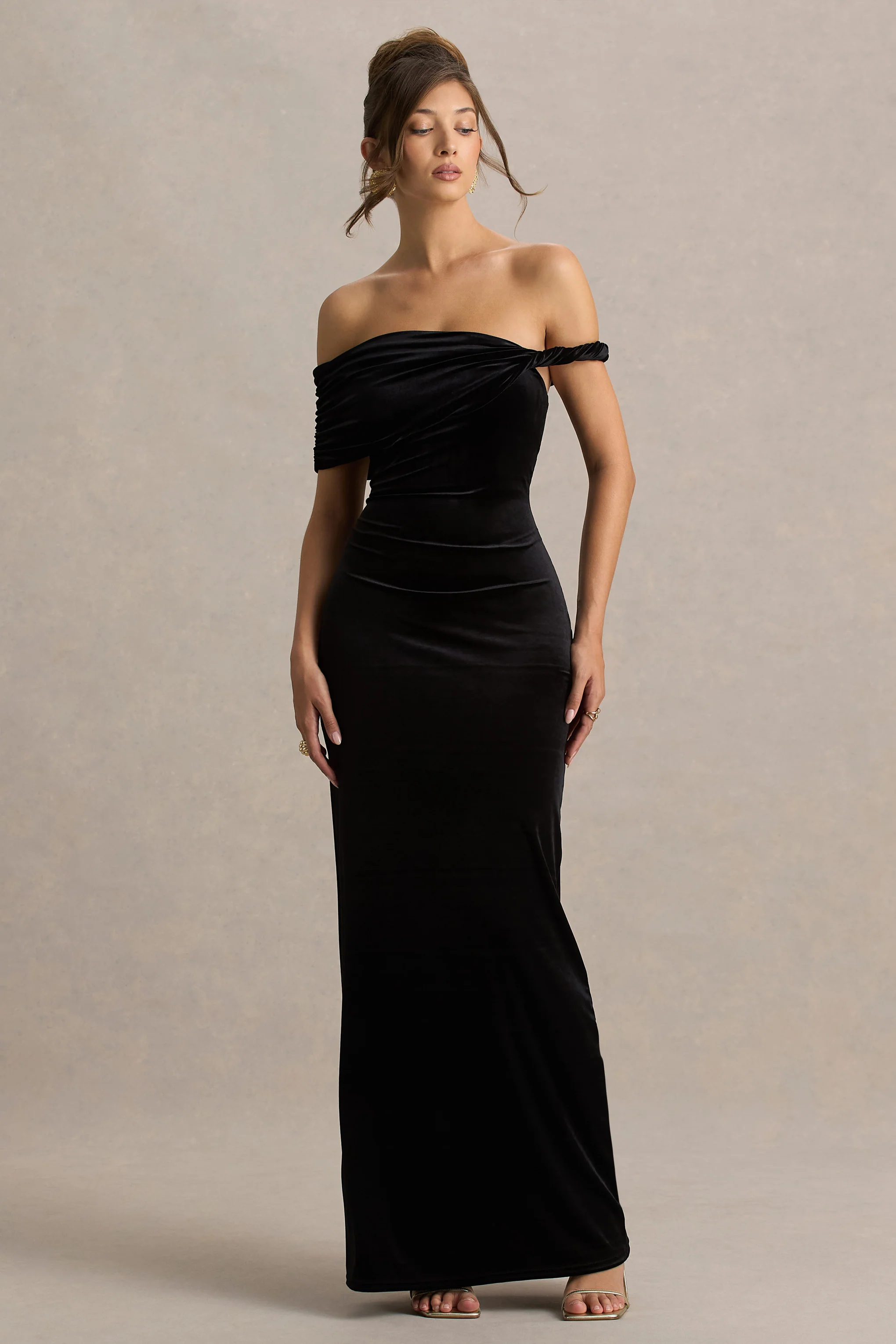 Poised | Black Velvet Bardot-Neck Maxi Dress With Twist-Sleeve