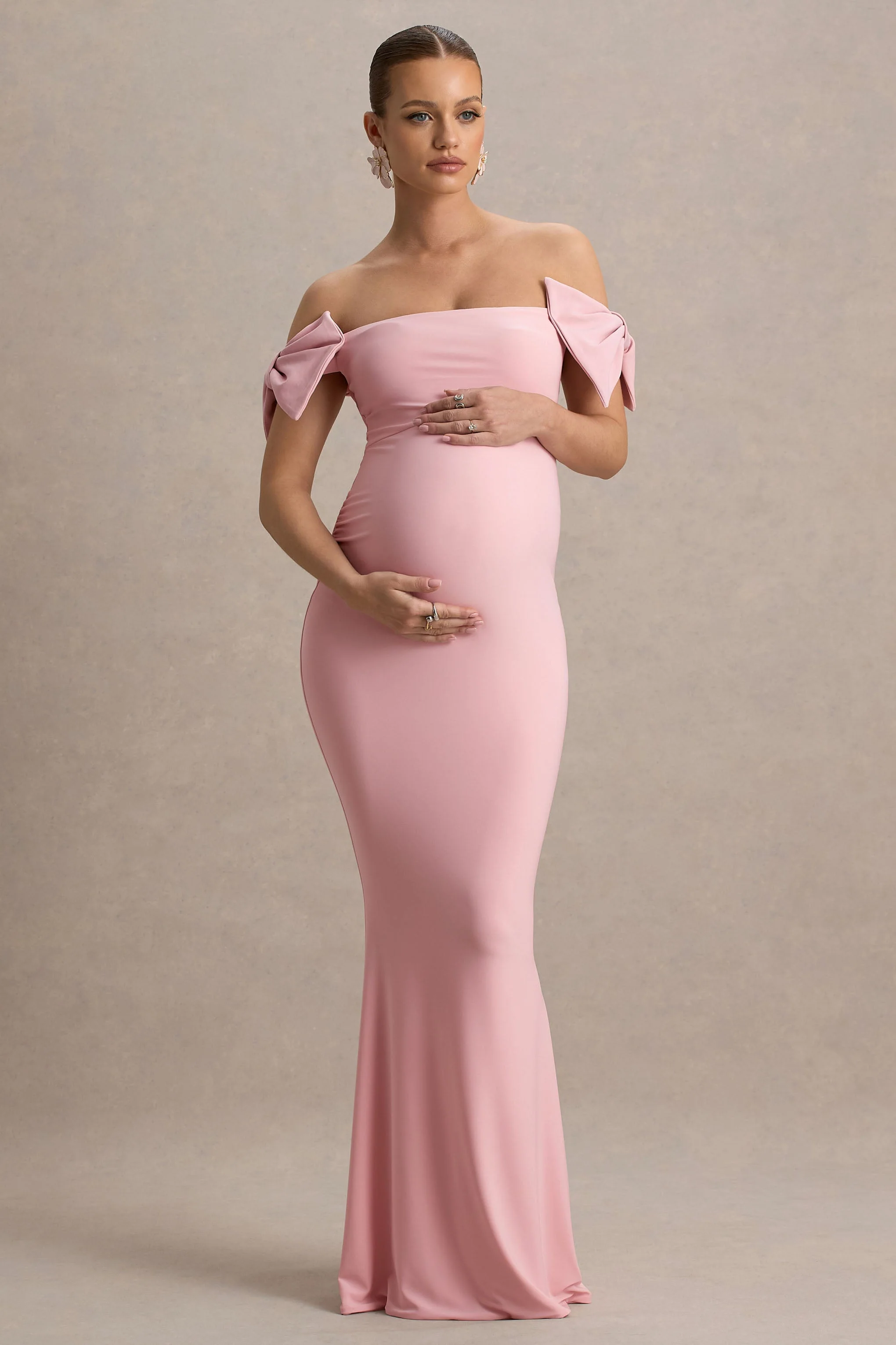 Didi | Pink Bardot Bow Detail Maternity Maxi Dress