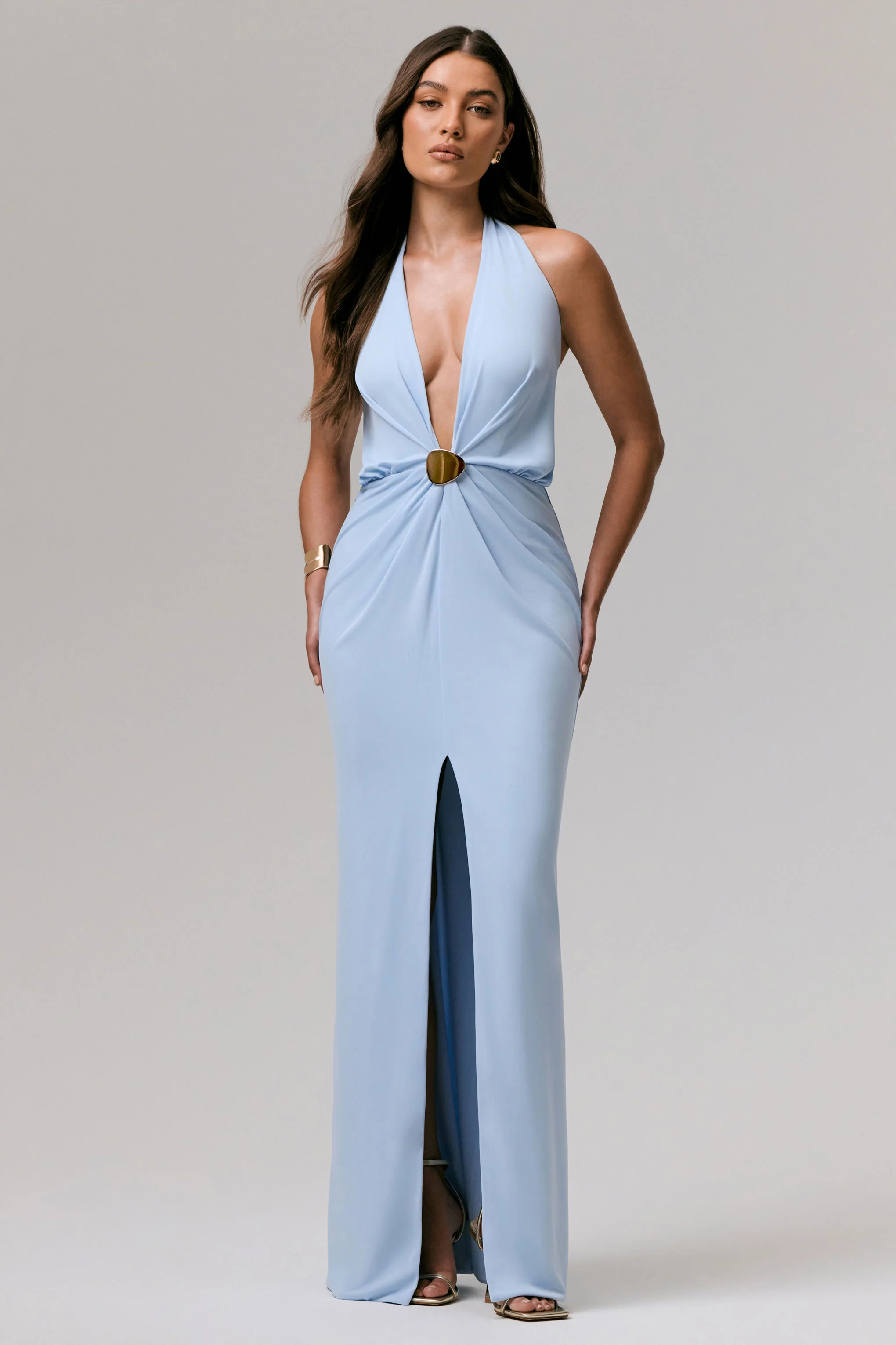 Shooting Star | Powder Blue Plunge-Neck Wrap Maxi Dress With Waist Detail