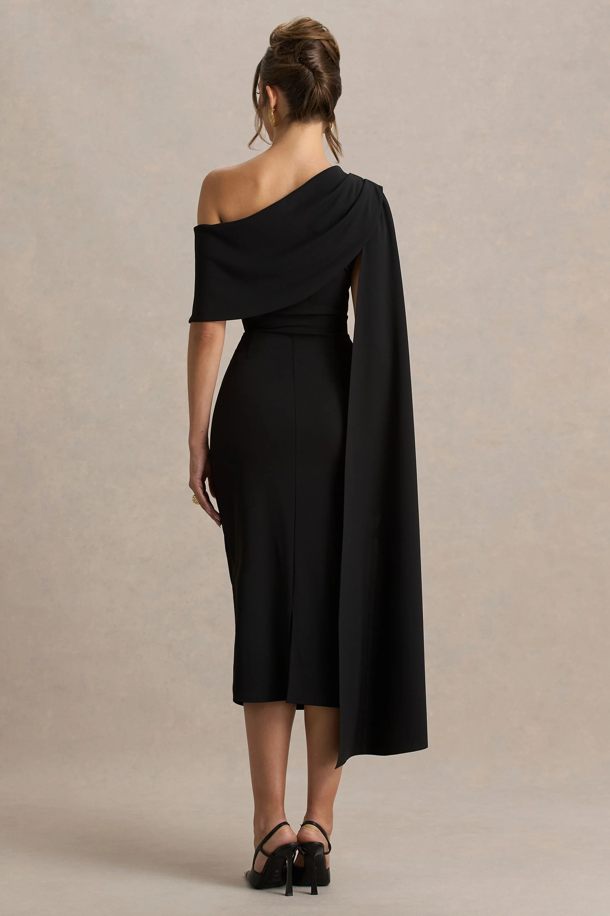 Leah | Black Asymmetric-Neck Midi Dress With Cape-Sleeve And Draped Detailing