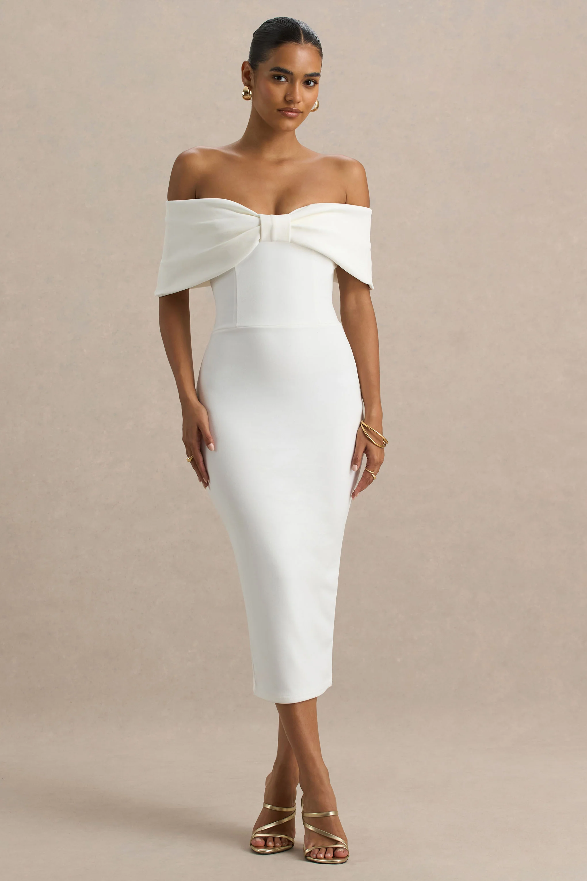 Bayshore | White Bow Bardot Midi Dress