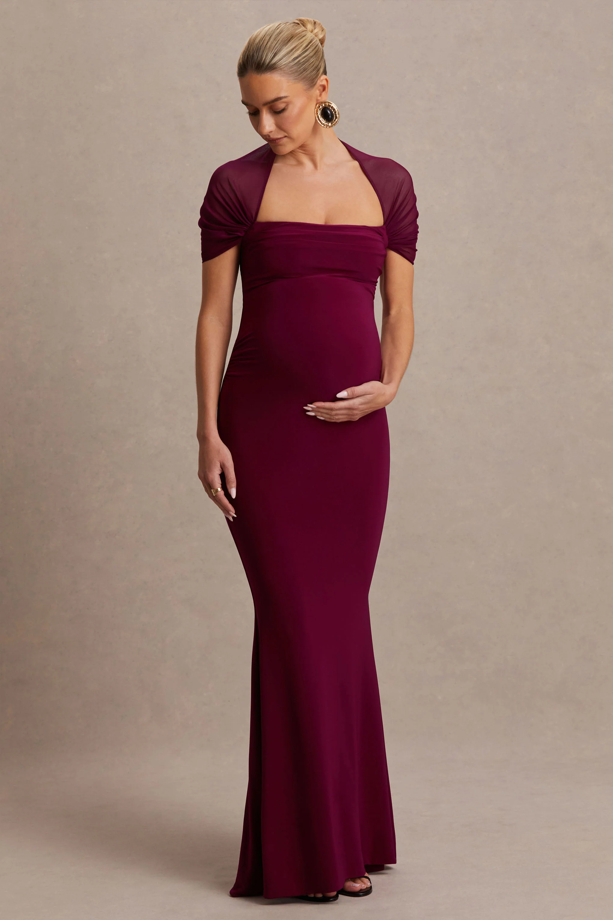 Dome | Burgundy Square-Neck Mesh-Sleeve Maternity Maxi Dress