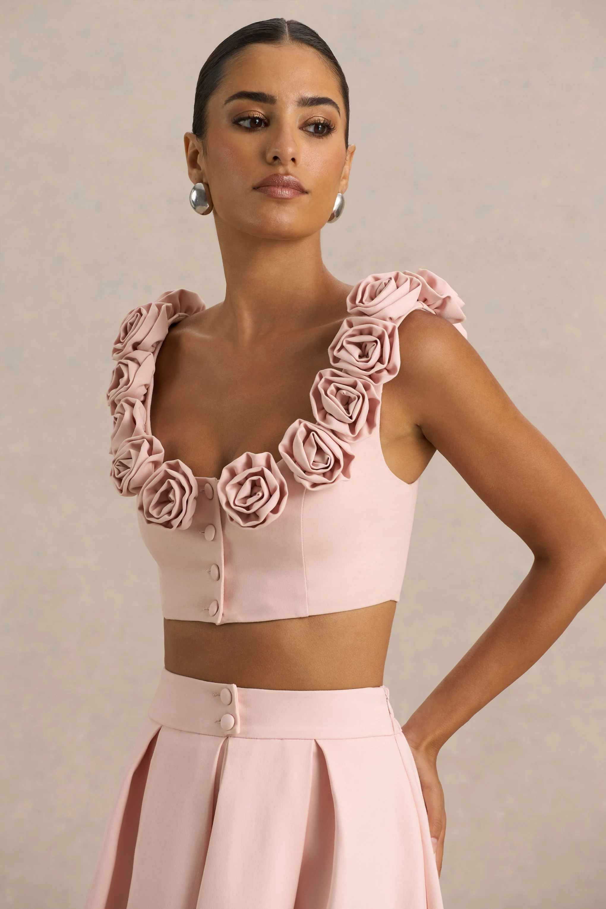 Blade | Baby Pink Scoop-Neck Crop Top With Corsage Details