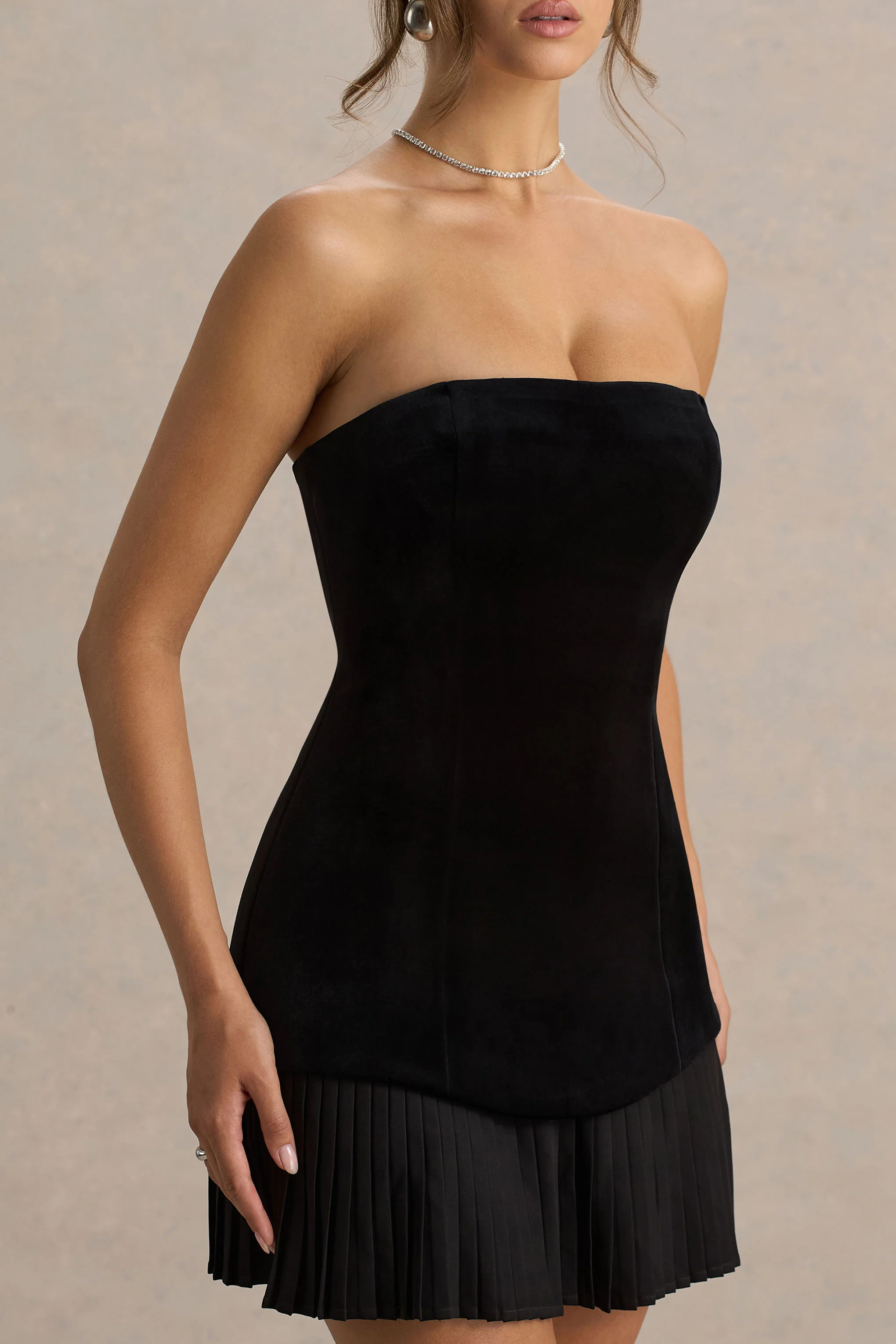 Valentina | Black Bandeau Velvet Mini Dress With Pleated Detailing