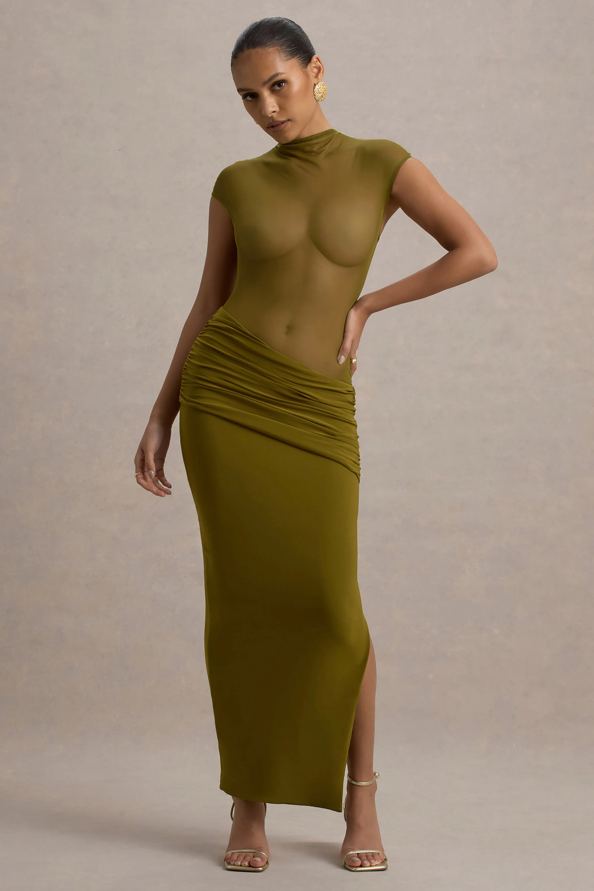 Asia | Green Sheer Short-Sleeve Draped Maxi Dress