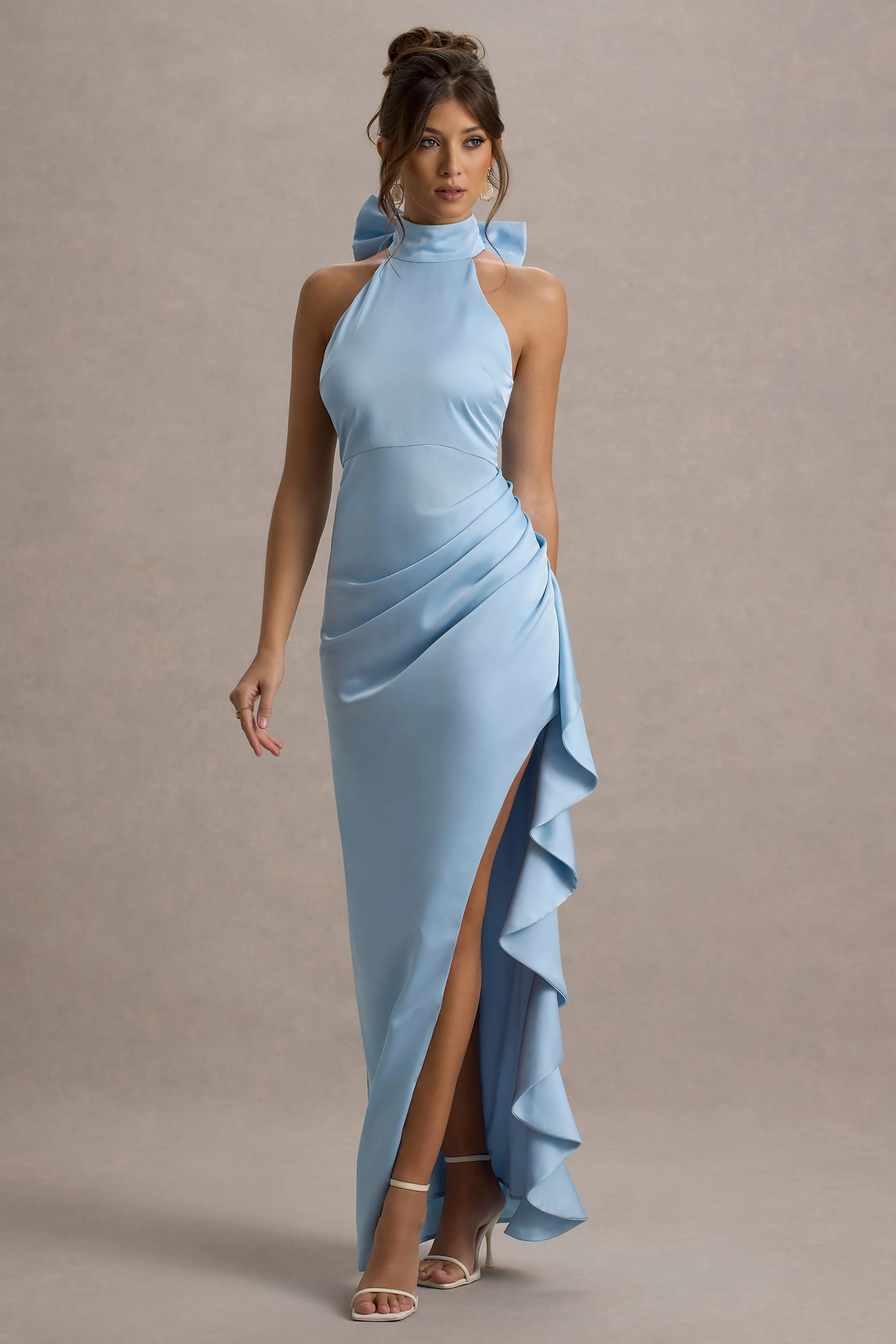 Maureen | Powder Blue Satin High-Neck Draped Maxi Dress