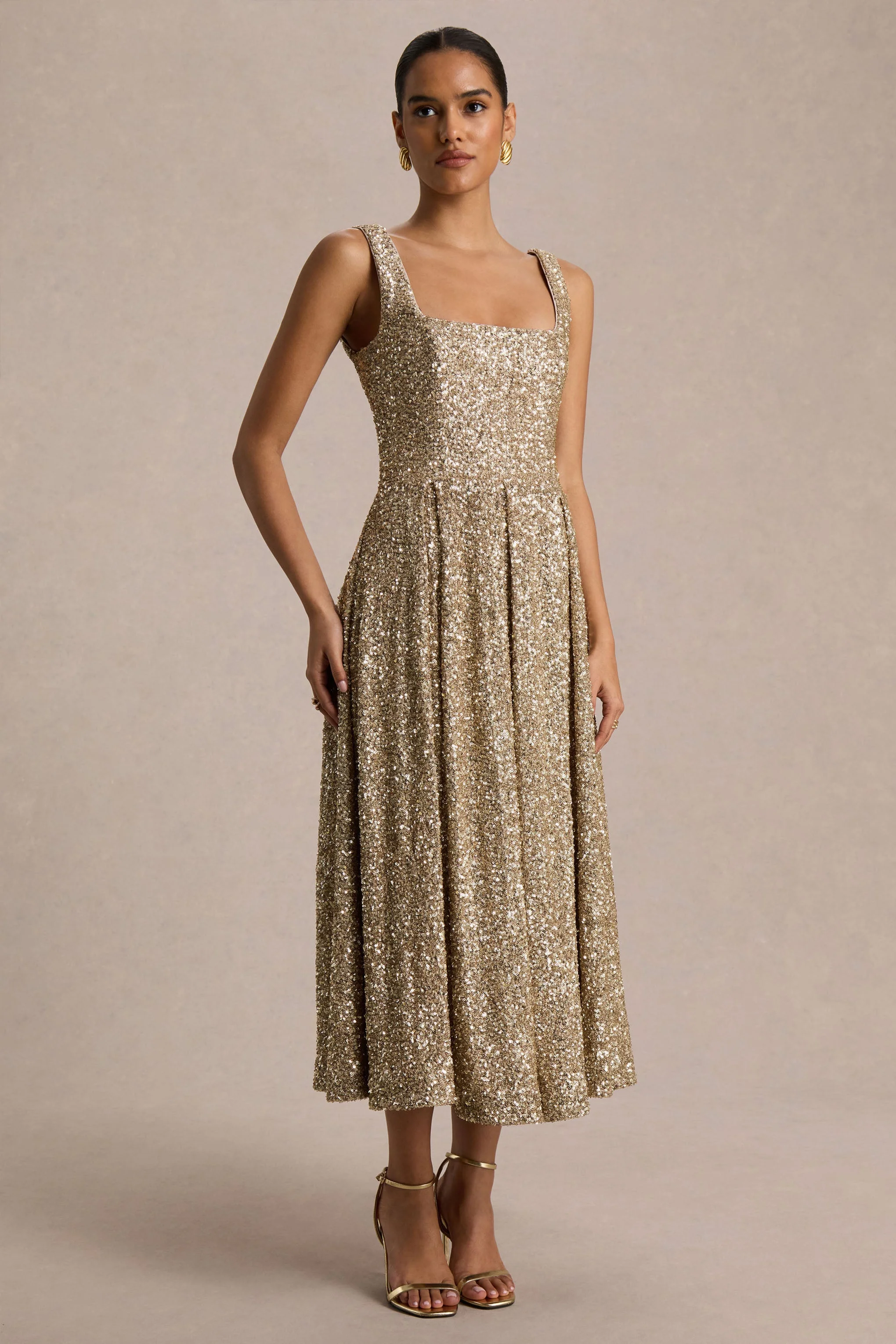 Lima | Champagne Sequin Square-Neck A-Line Midi Dress