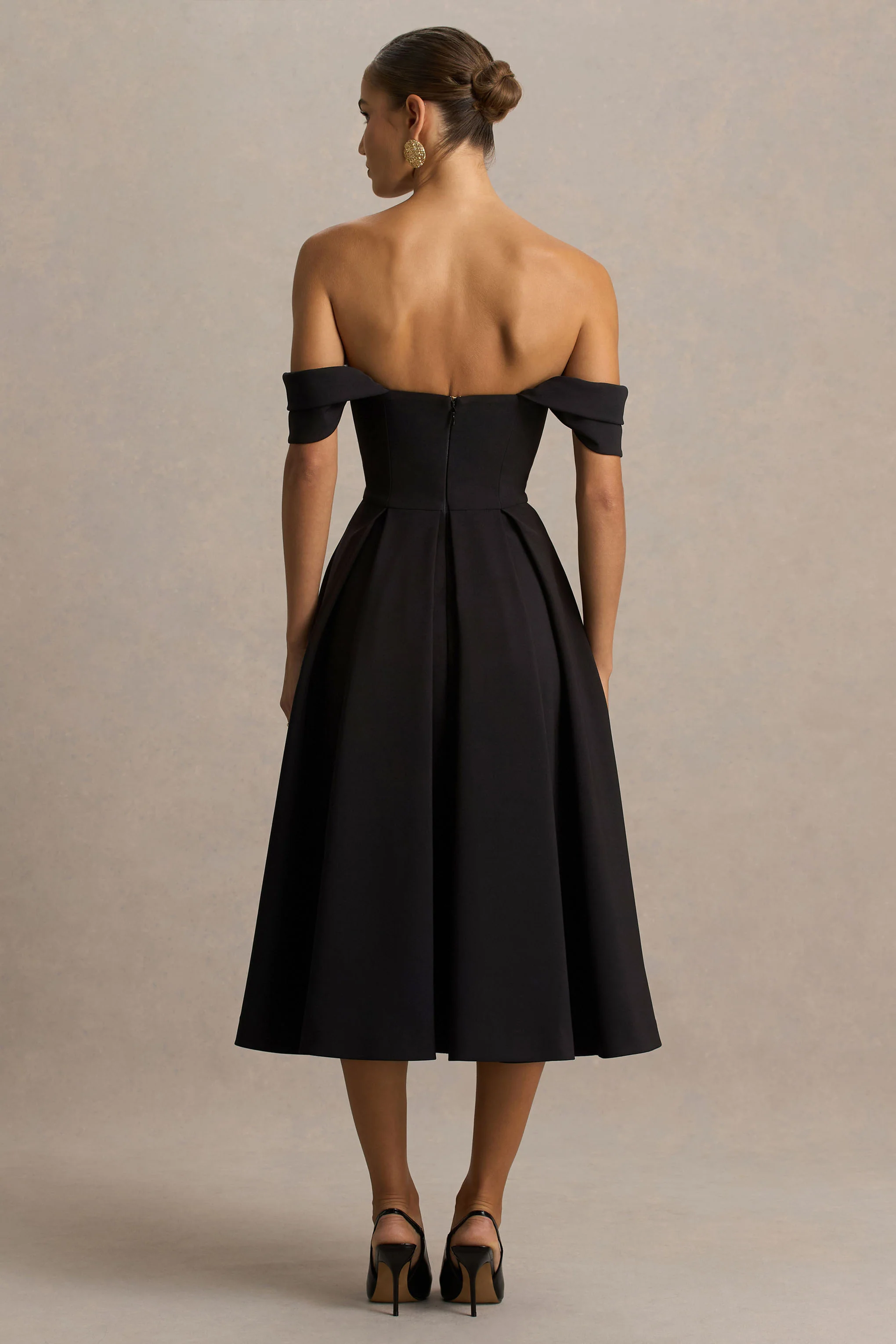 Cosima | Black Bardot-Neck Midi Dress