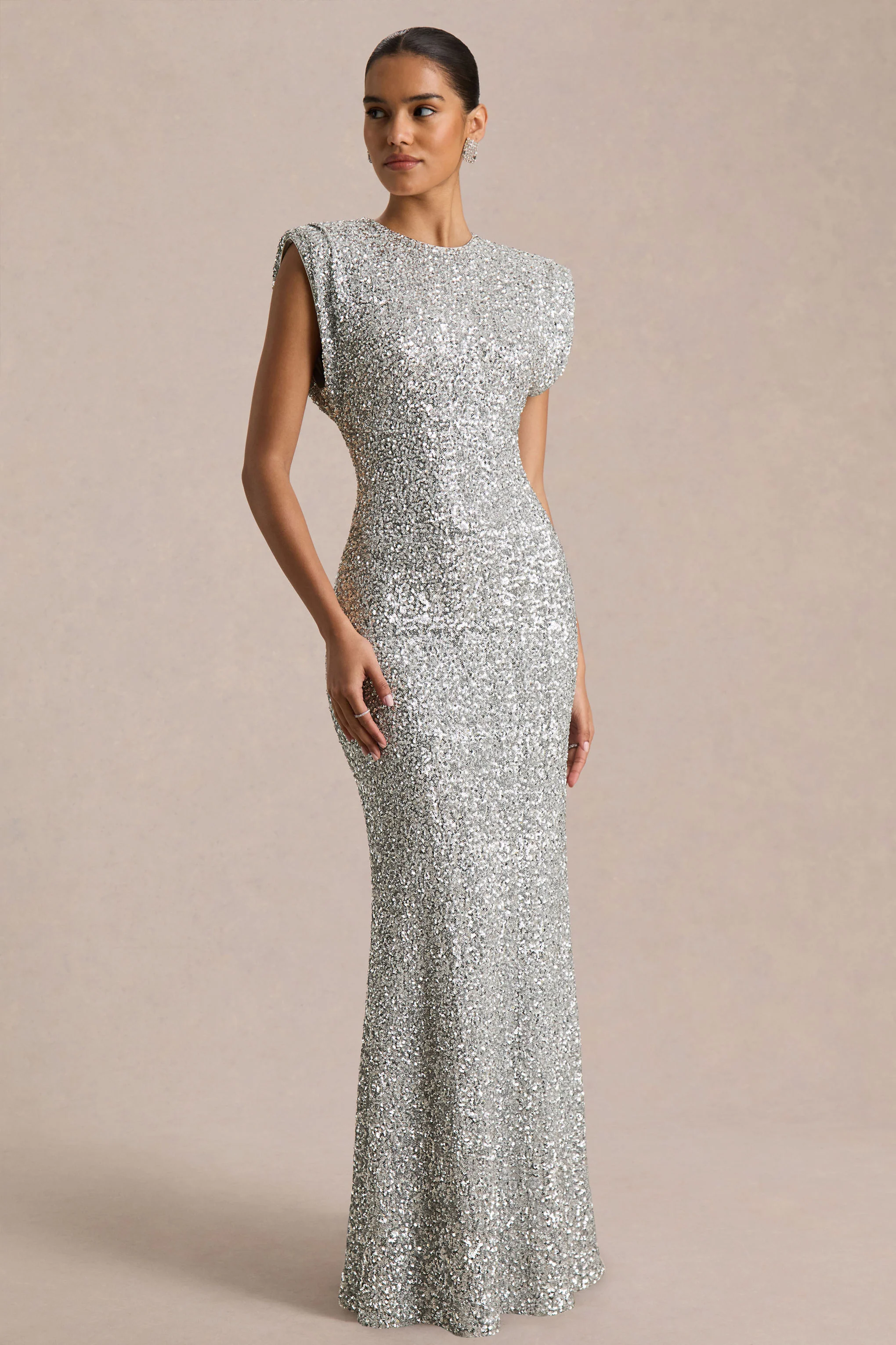 Aurah | Silver Sequin Crew-Neck Maxi Dress With Cap Sleeves