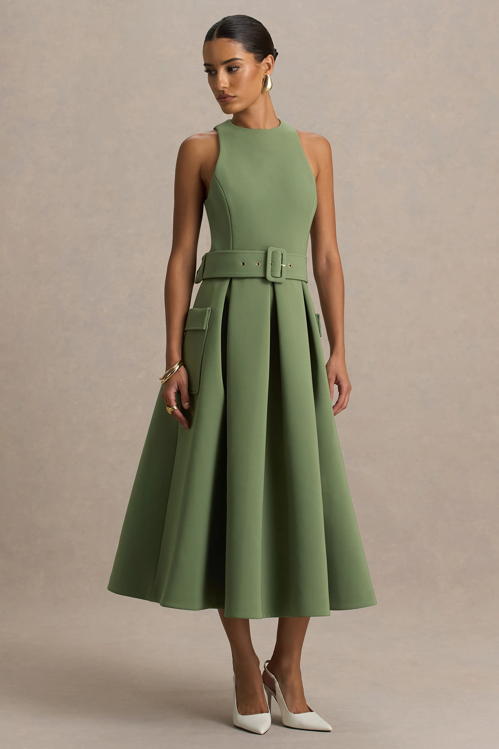 Elisia | Olive Crew-Neck Belted Midi Dress
