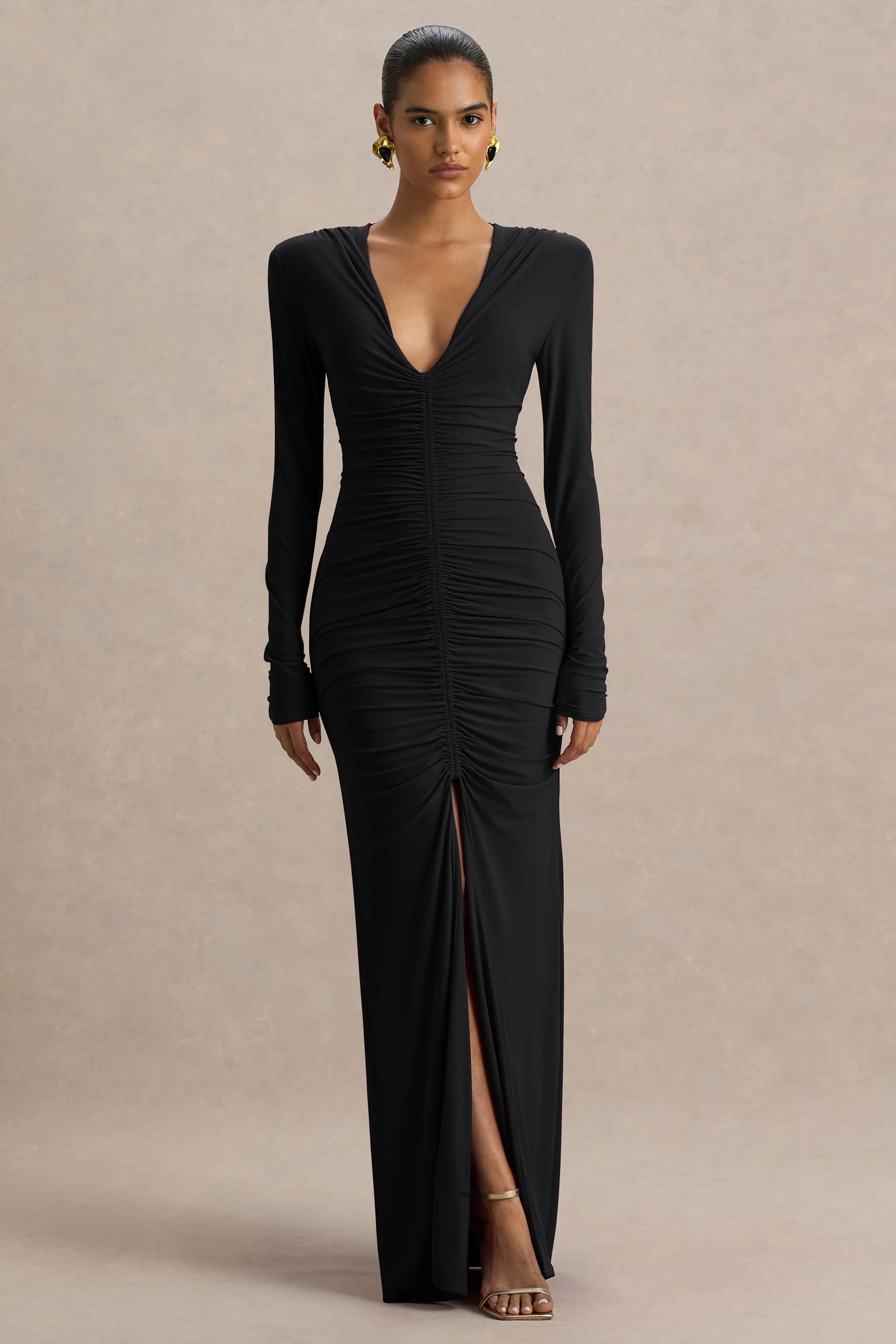 Jewel | Black Plunge-Neck Maxi Dress With Front Split and Ruched Detailing