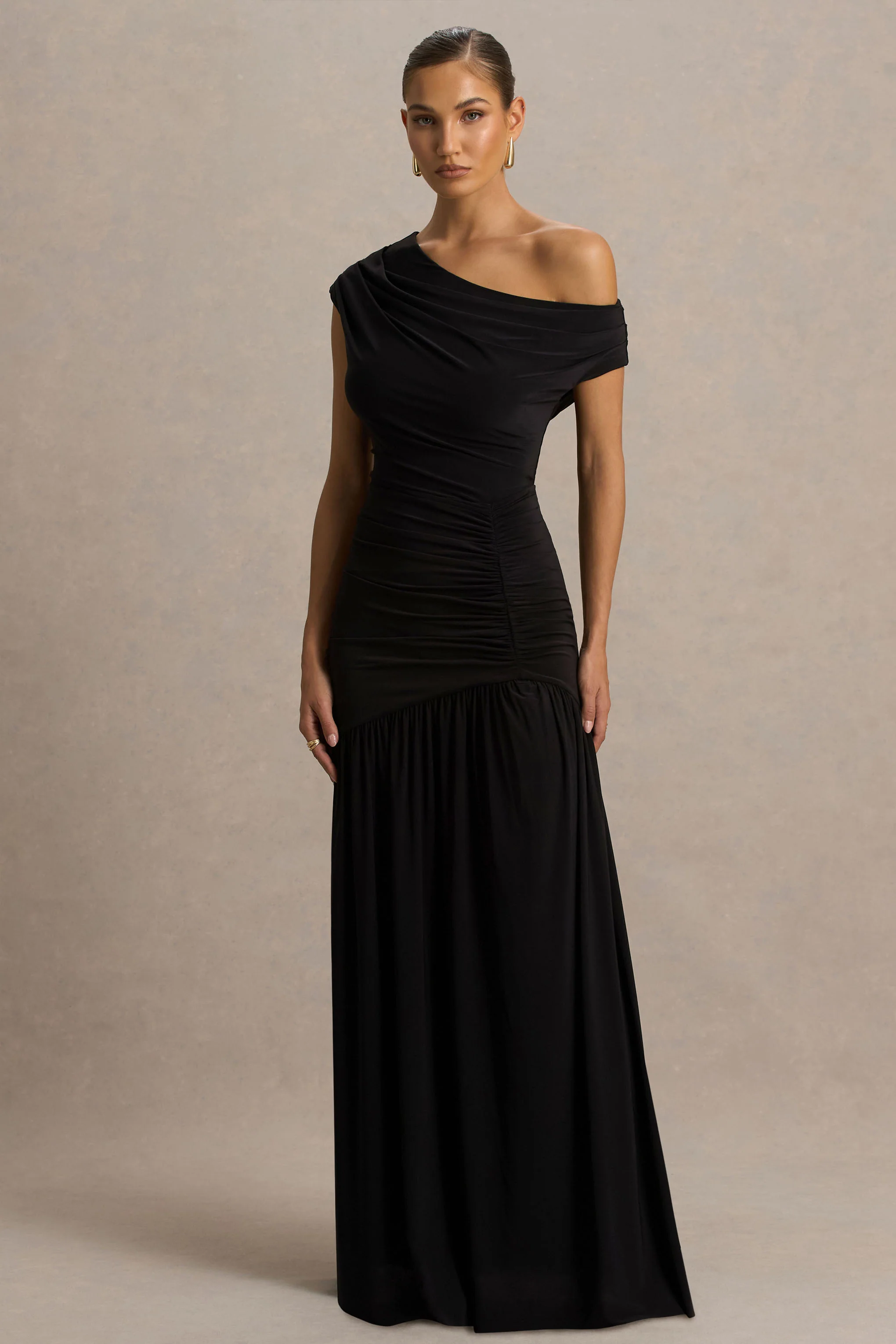 Kady | Black Asymmetric-Neck Maxi Dress With Ruched Detailing and Front-High Split